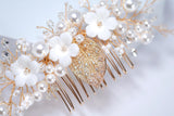 Ceramic White flower Pearls In Spring Light Hair comb, Bridal Hair piece, Bridal Hair Accessories, Wedding Hair Accessory.