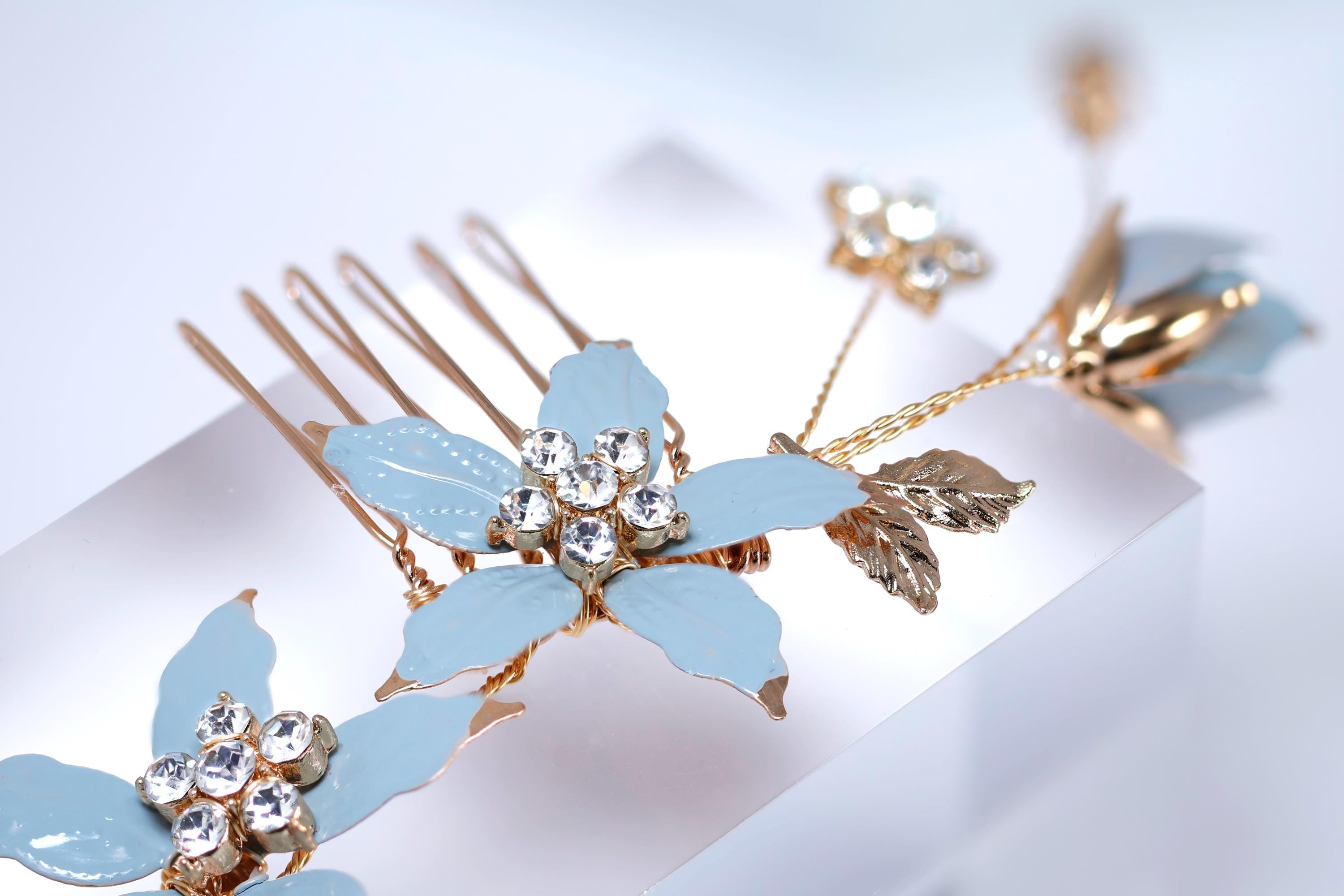 Something Blue Flowers Rhinestones And Pearl Bridal Hair Comb, Bridal Hair Piece, Bridal Hair Accessories, Wedding Hair Accessory.