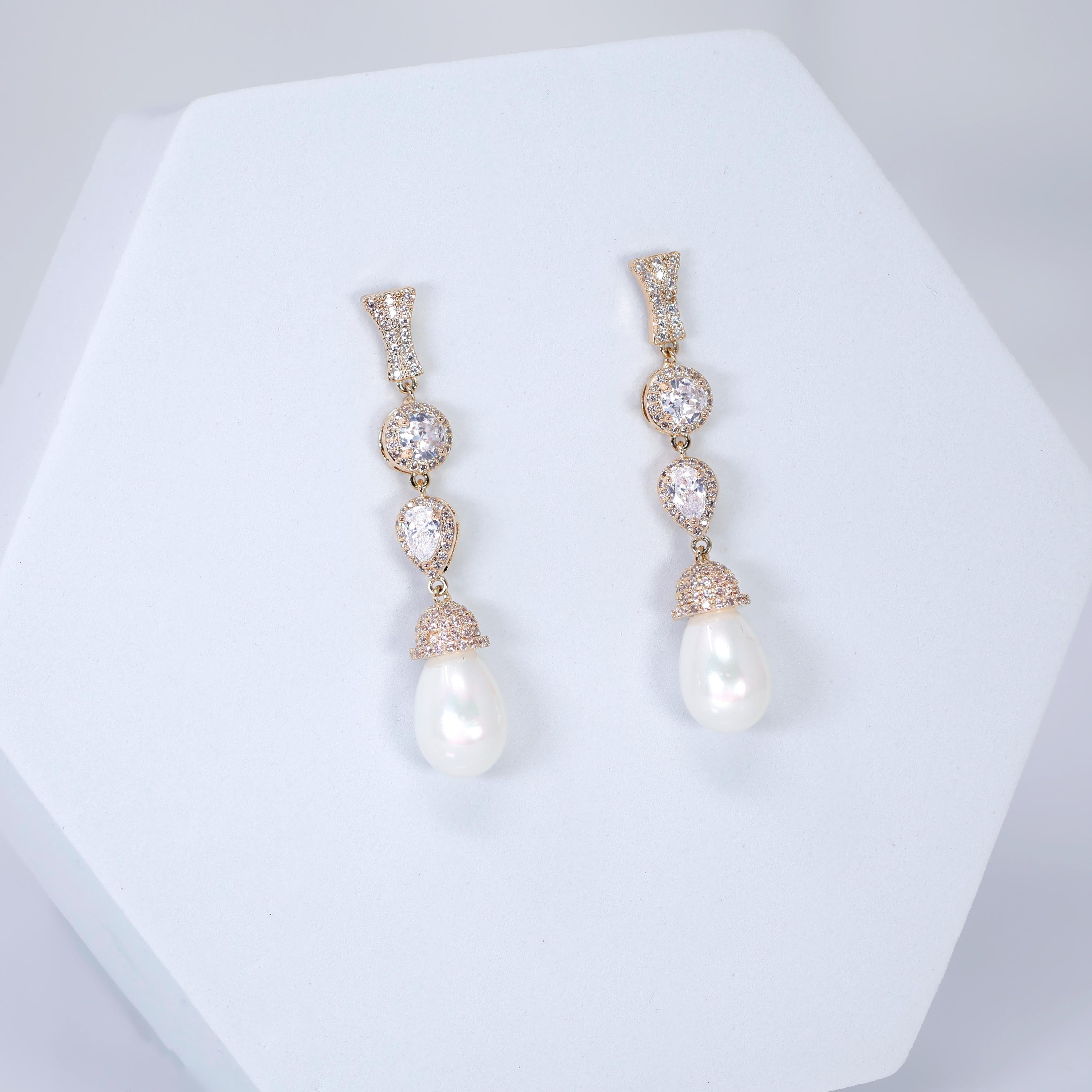 CZ Diamond Mini Pearl Drop Gold Plated Earring, Diamond Earrings, Long Bridal Jewelry, Crystal Bridal Earrings, Statement Earrings Cz