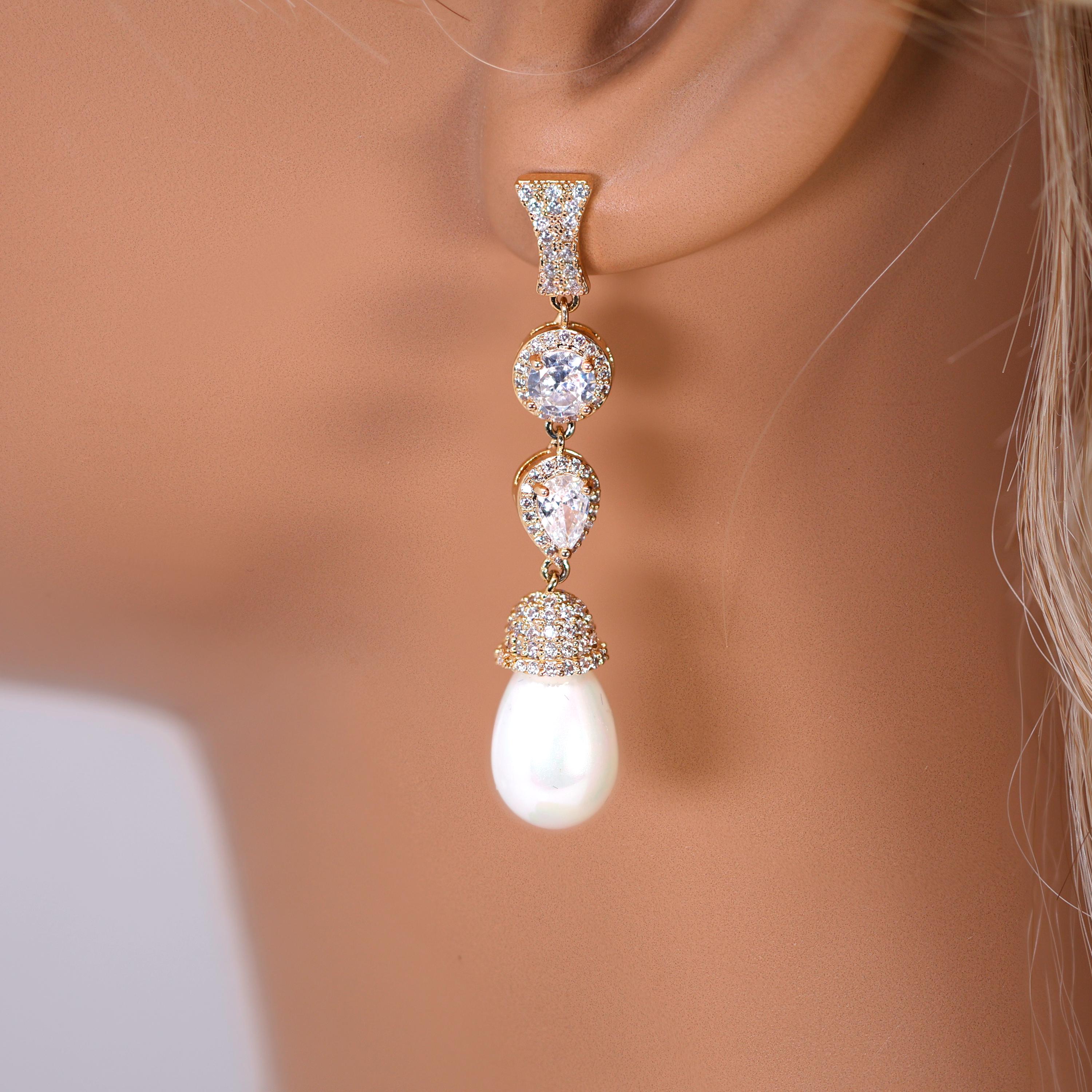 CZ Diamond Mini Pearl Drop Gold Plated Earring, Diamond Earrings, Long Bridal Jewelry, Crystal Bridal Earrings, Statement Earrings Cz