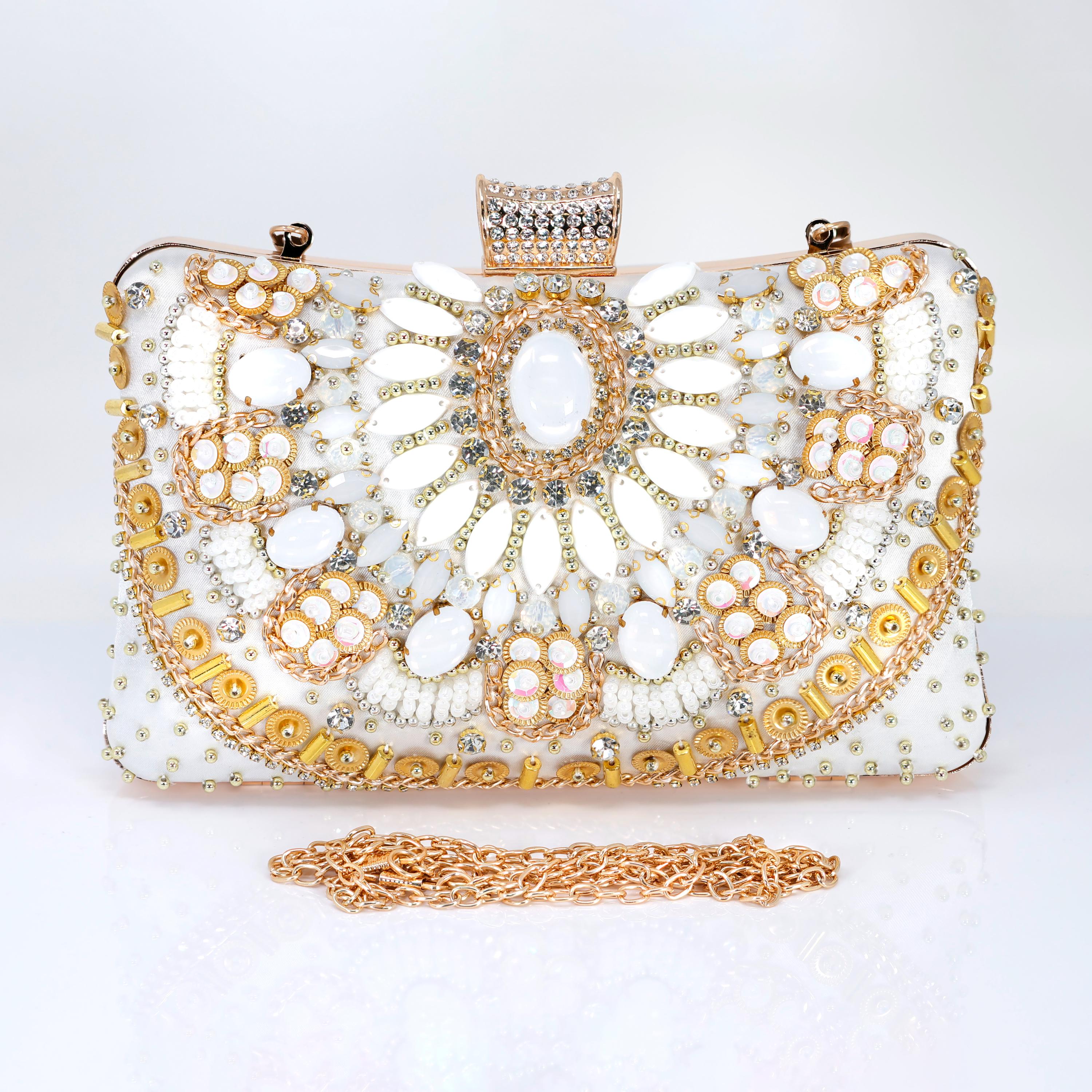 White Gold Floral Wedding Bag, Statement Bag, Evening Wedding Clutch, Bridal Clutch, Bridal Cross body bag.
