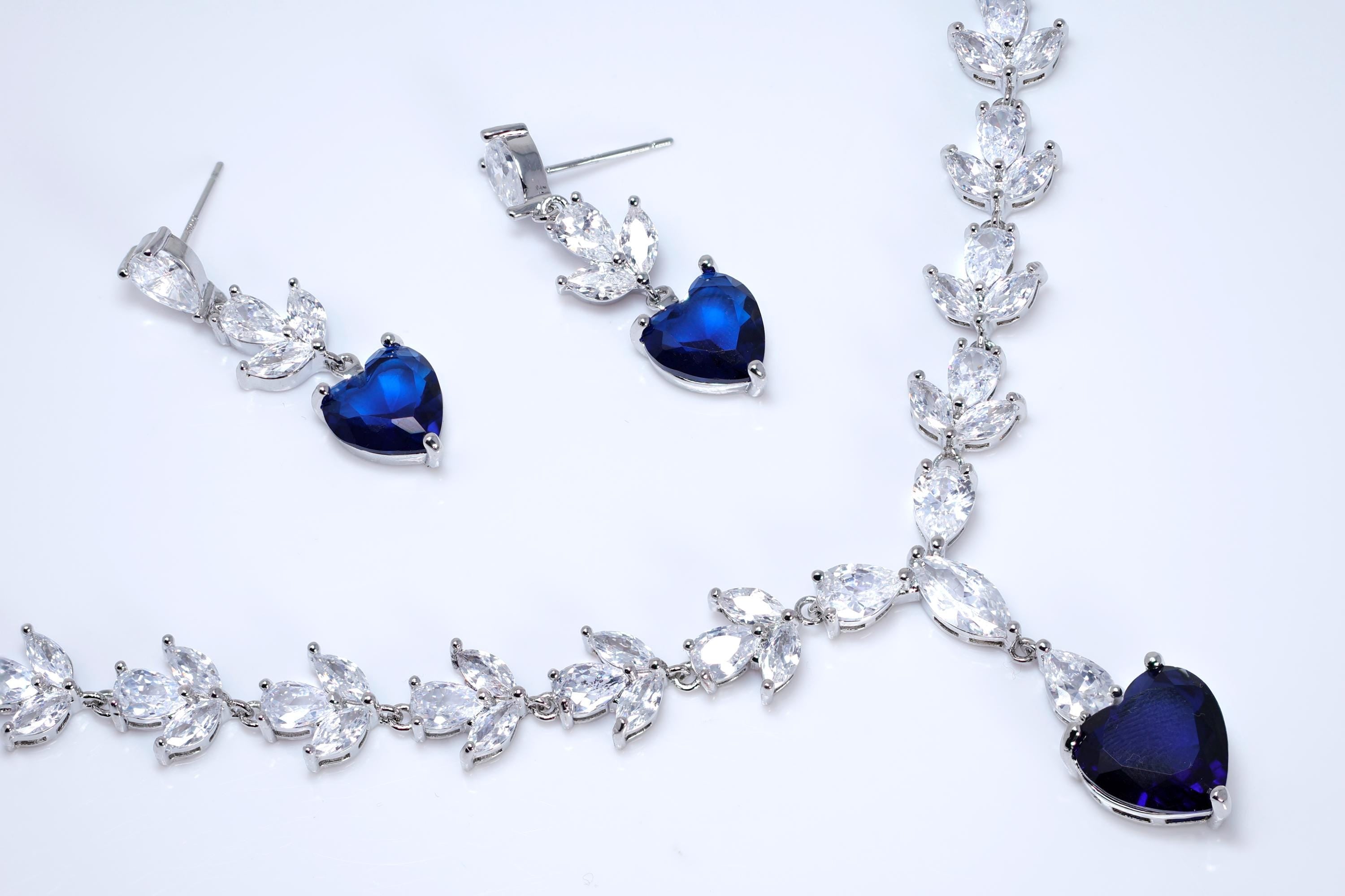 CZ Sapphire Dream Inspired By Blue Heart Of The Ocean Necklace Set, Long Bridal Jewelry, Titanic Statement Earrings.