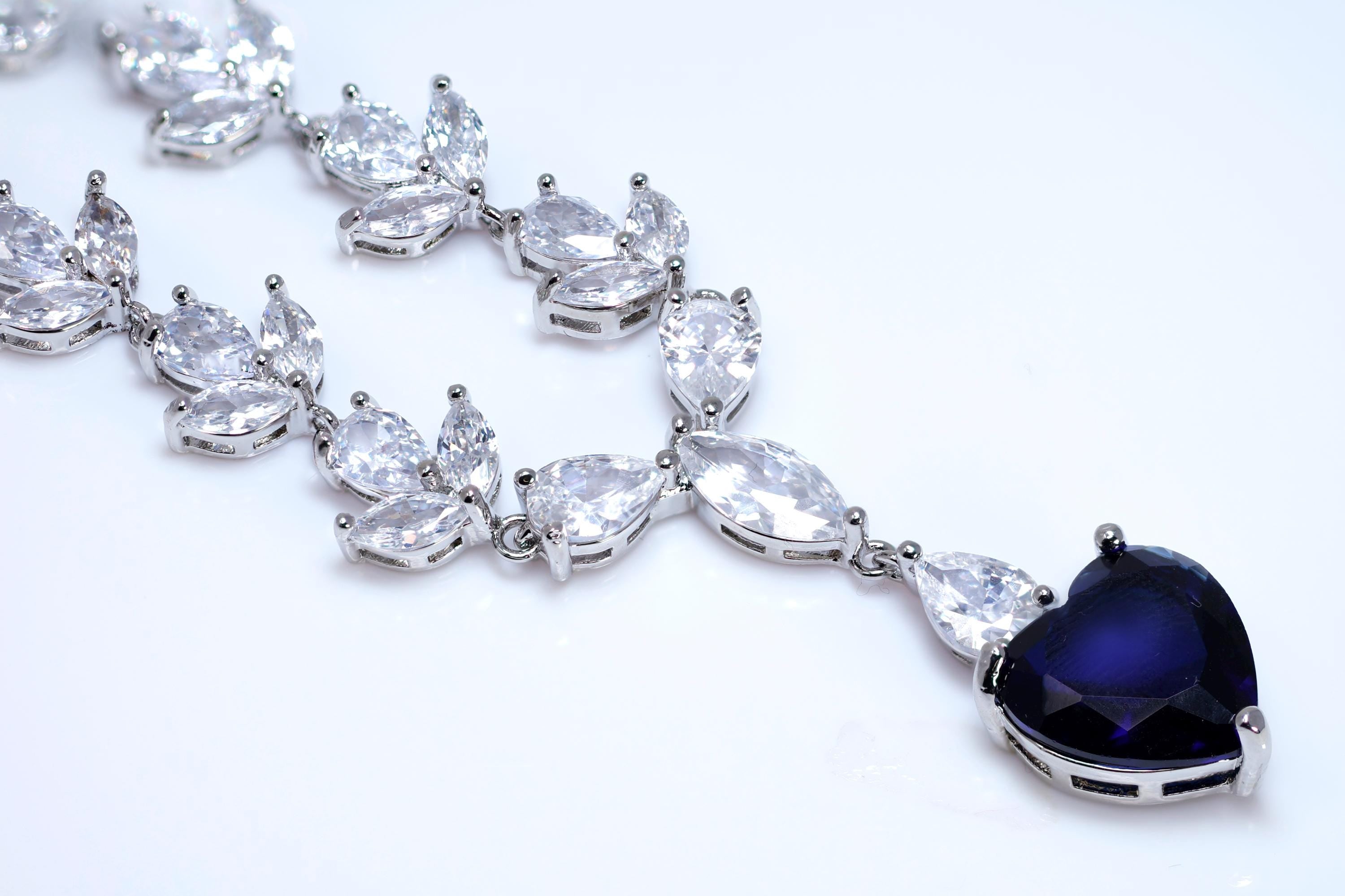 CZ Sapphire Dream Inspired By Blue Heart Of The Ocean Necklace Set, Long Bridal Jewelry, Titanic Statement Earrings.