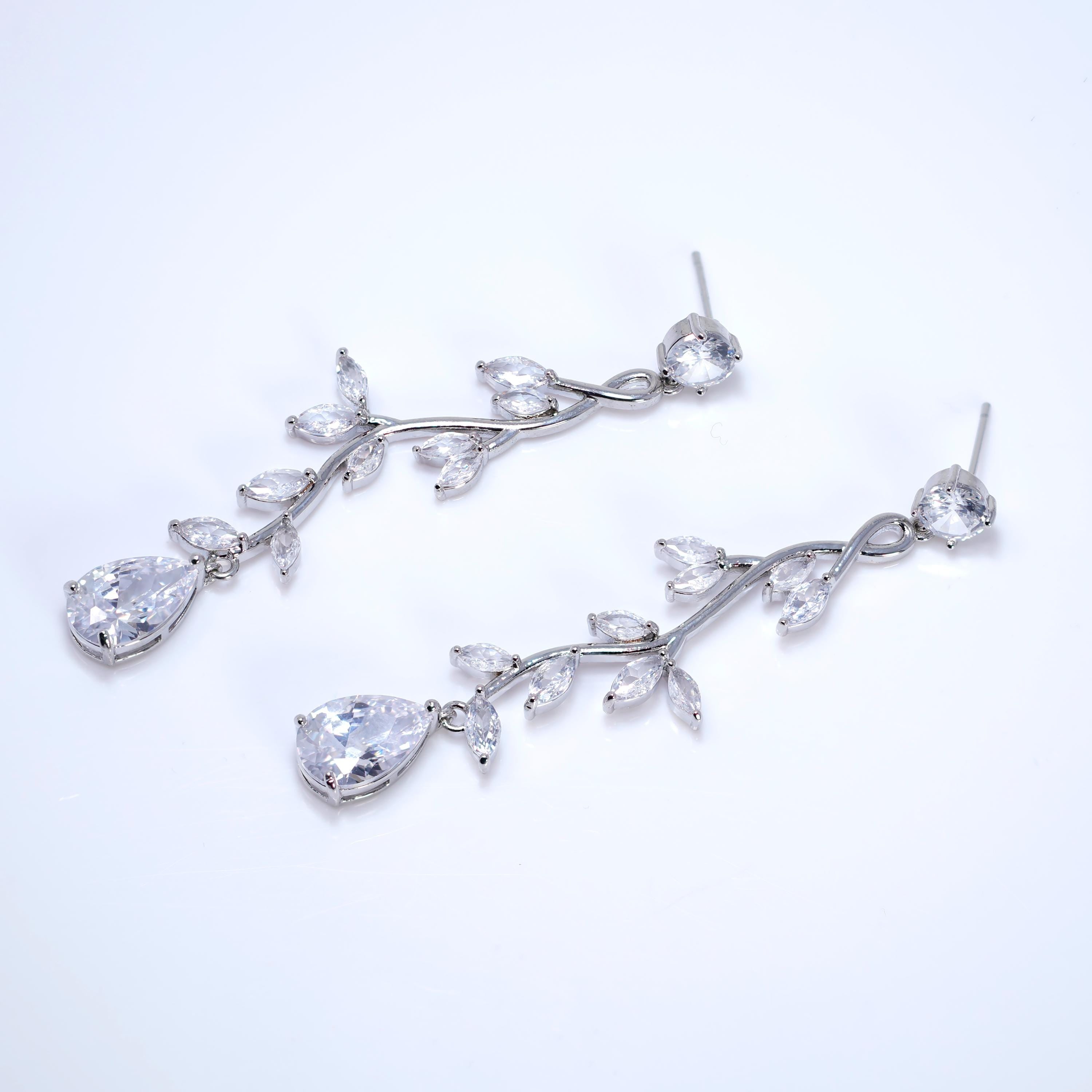 Cubic Zirconia Vine Tear drop Earrings, Long Bridal Earrings, Crystal Bridal Earrings, Statement Earrings, Gold Bride Earring.