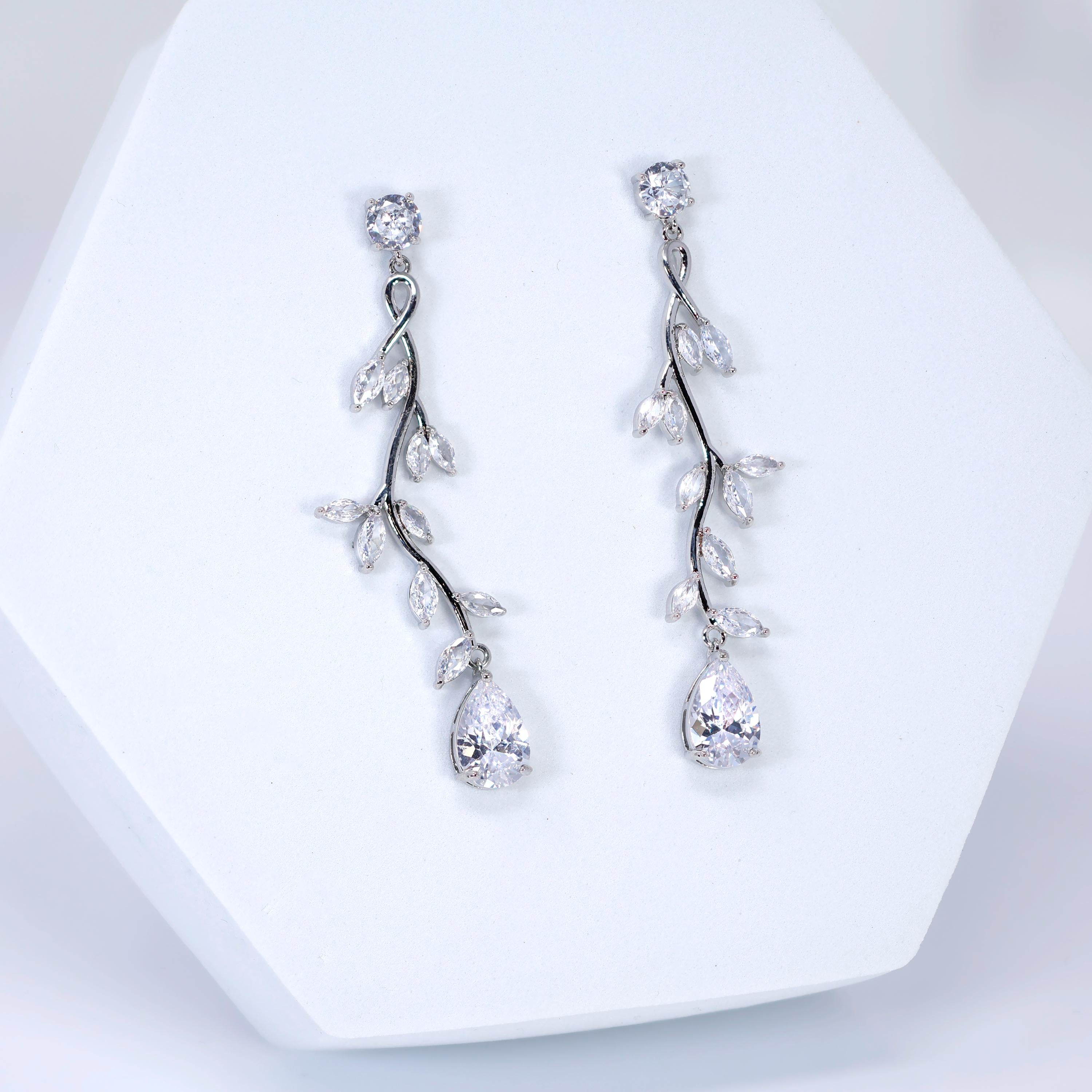Cubic Zirconia Vine Tear drop Earrings, Long Bridal Earrings, Crystal Bridal Earrings, Statement Earrings, Gold Bride Earring.