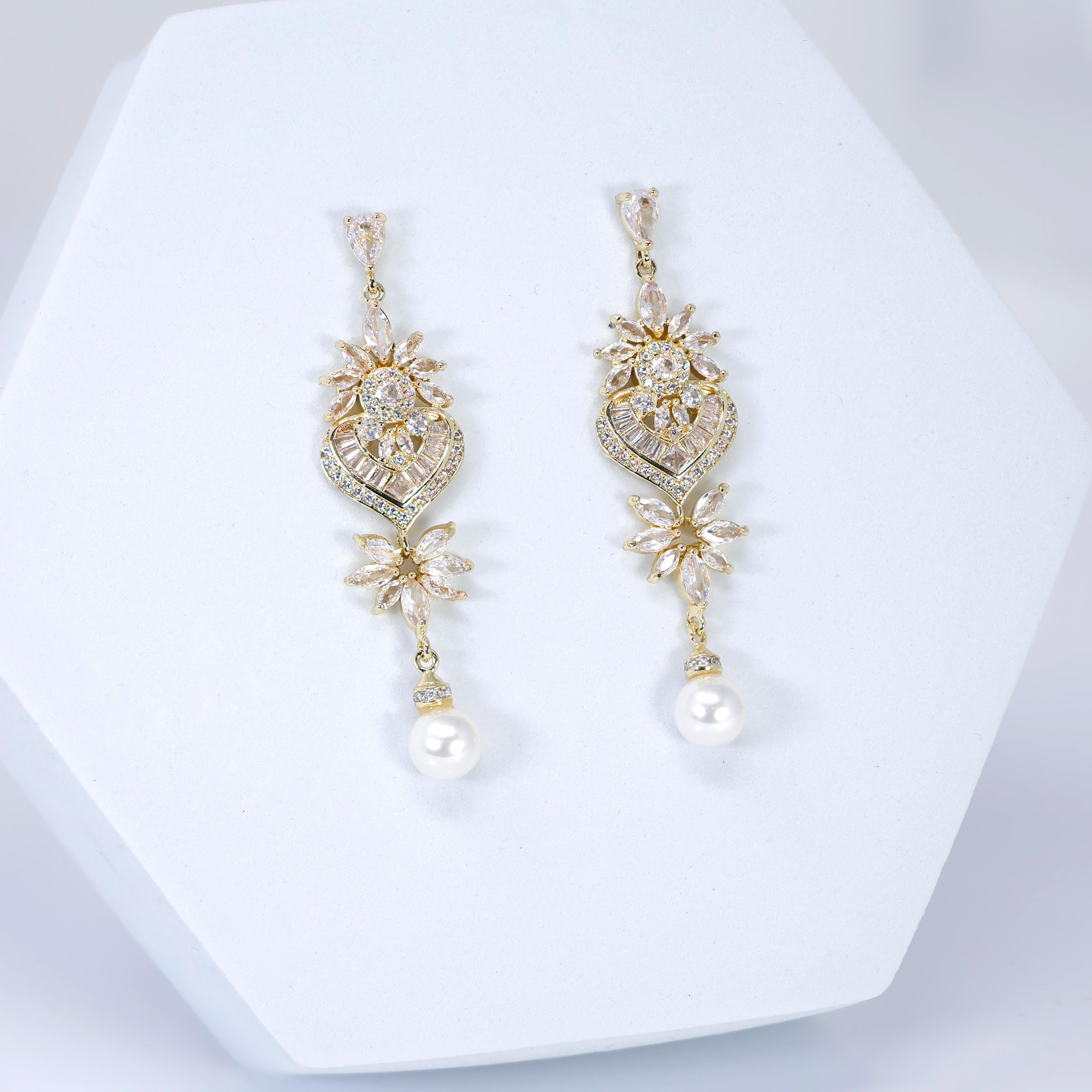 CZ Pearl Drop In The Meadow Earrings, Diamond Earrings, Long Bridal Jewelry, Crystal Bridal Earrings, Statement Earrings Cz