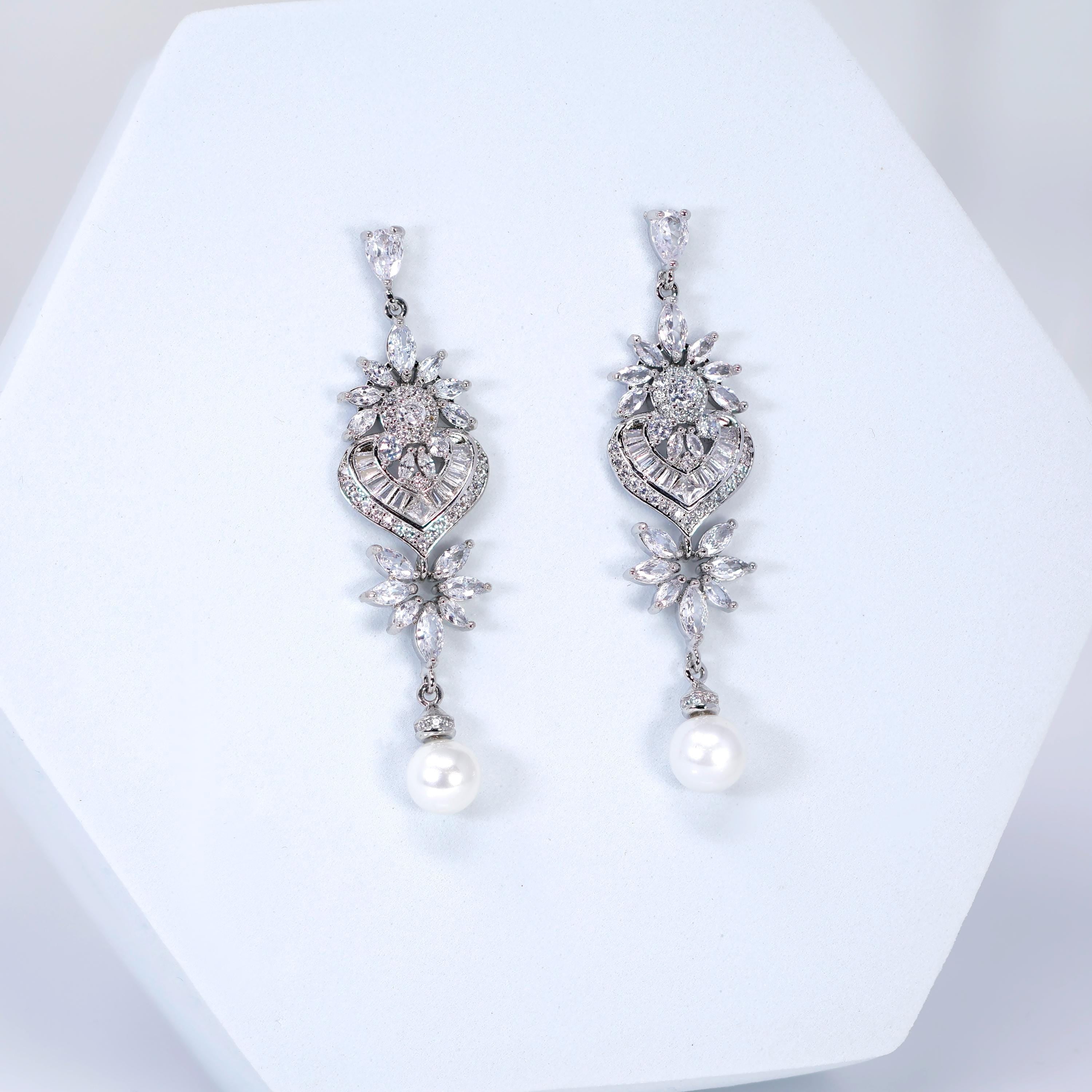 CZ Pearl Drop In The Meadow Earrings, Diamond Earrings, Long Bridal Jewelry, Crystal Bridal Earrings, Statement Earrings Cz