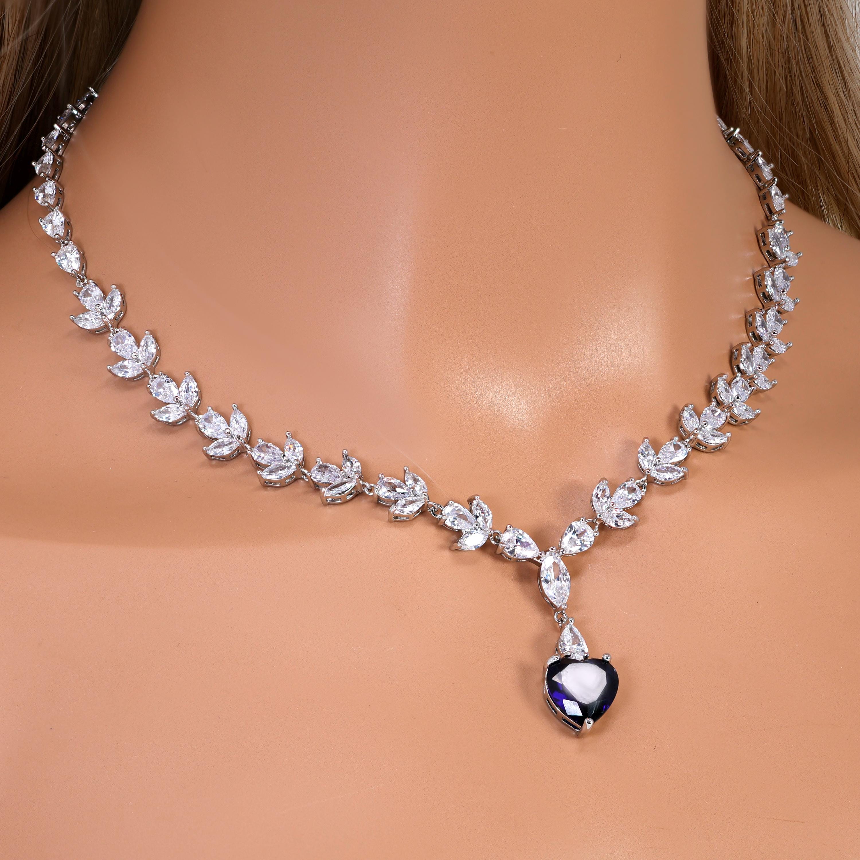 CZ Sapphire Dream Inspired By Blue Heart Of The Ocean Necklace Set, Long Bridal Jewelry, Titanic Statement Earrings.