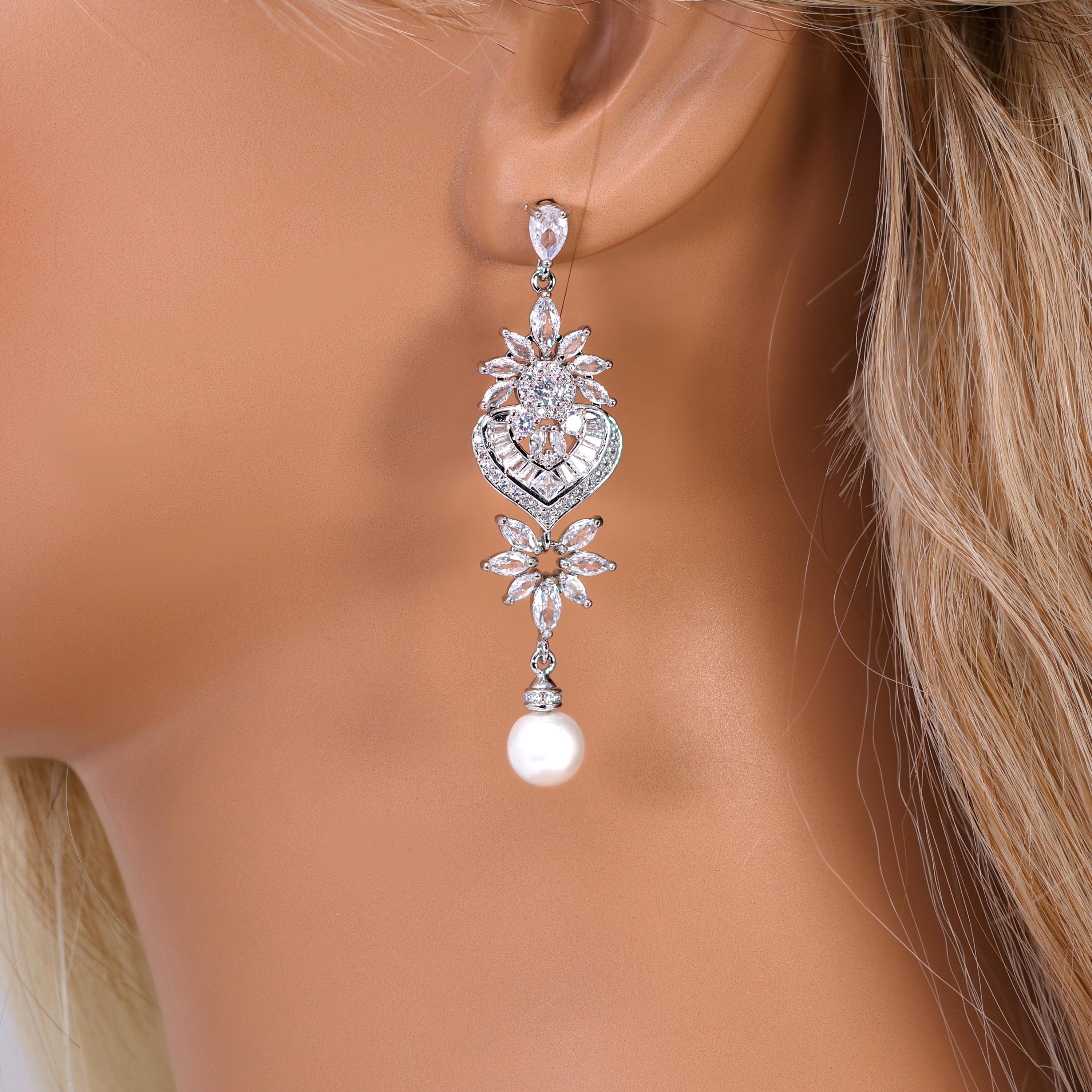 CZ Pearl Drop In The Meadow Earrings, Diamond Earrings, Long Bridal Jewelry, Crystal Bridal Earrings, Statement Earrings Cz