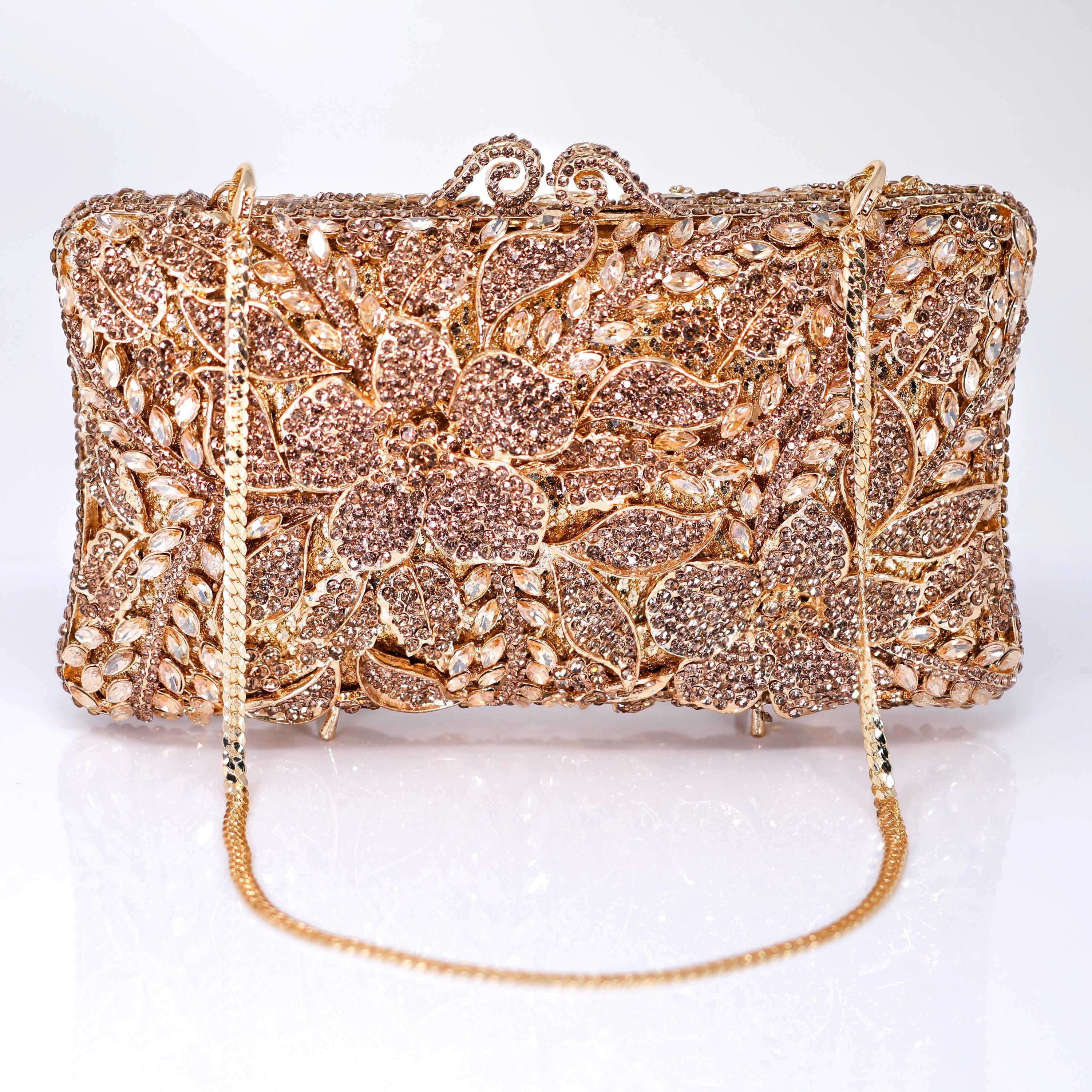 Shinny Golden Bronze Rhinestone Embellished Floral Garden Wedding Clutch, Statement Bag, Evening Wedding Clutch, Cross Body Bag