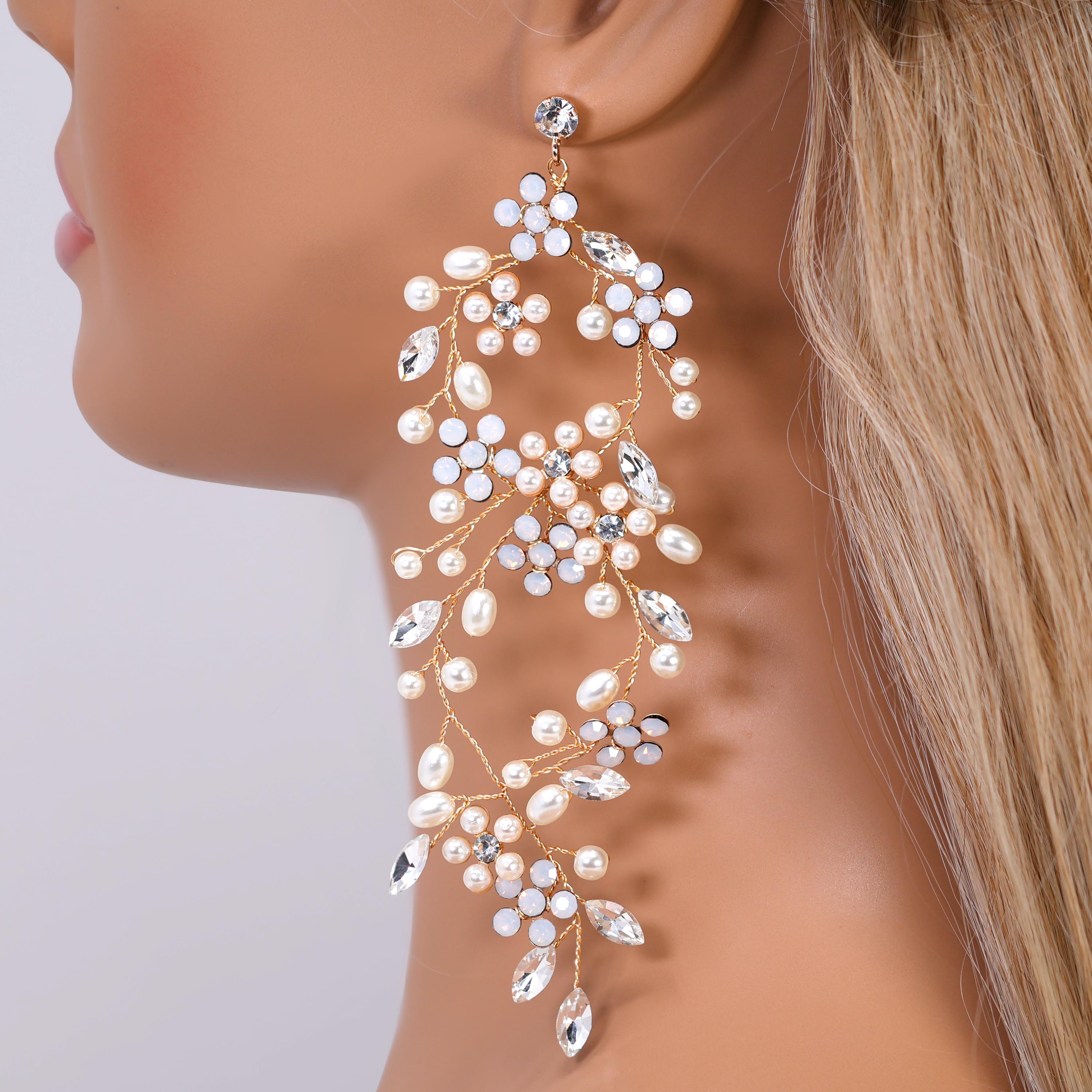 Faux Pearl Something Blue Opal Floral Earrings And Bracelet, Bridesmaid/ Bride Earrings, Gift for her, Light Weight Statement Earrings.