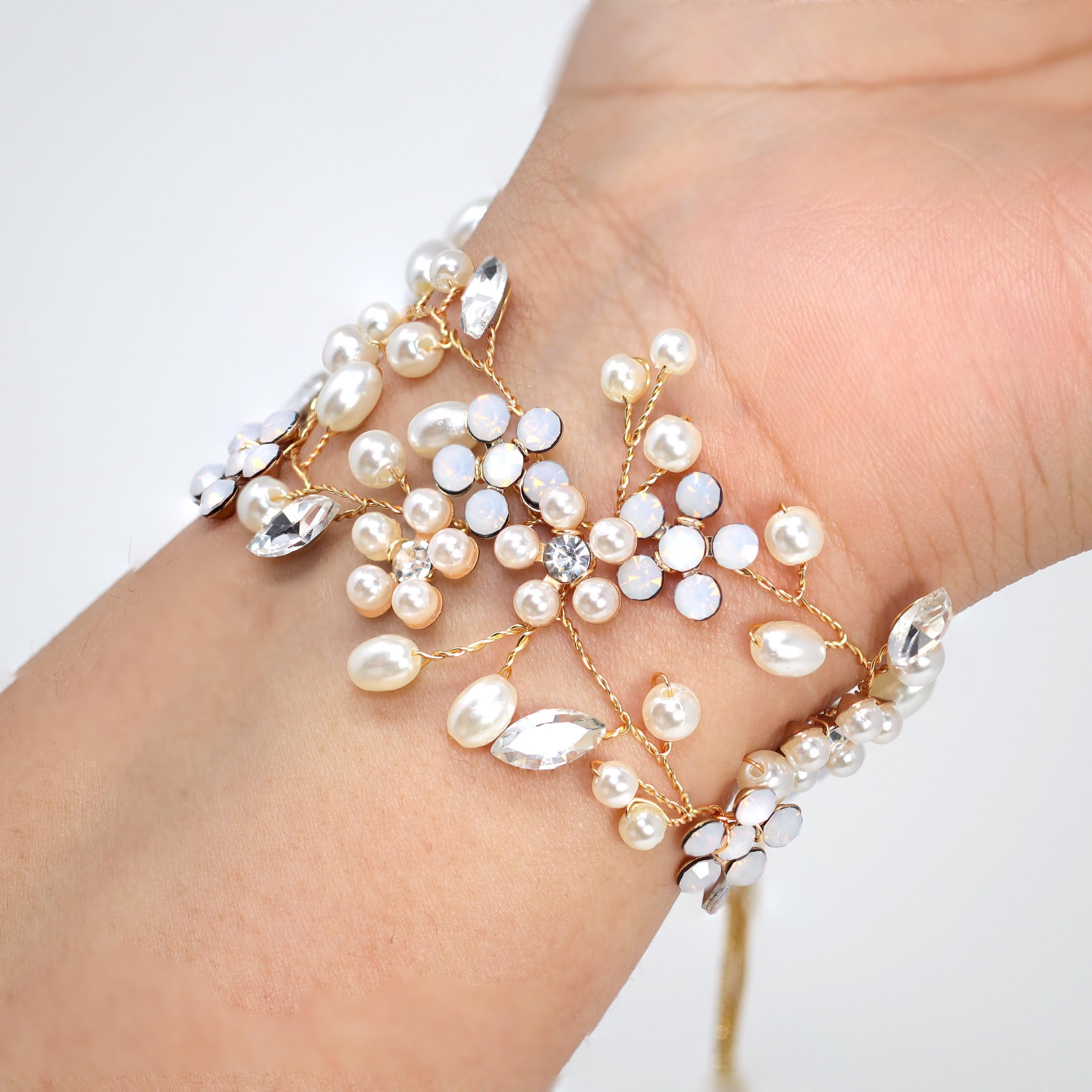 Faux Pearl Something Blue Opal Floral Earrings And Bracelet, Bridesmaid/ Bride Earrings, Gift for her, Light Weight Statement Earrings.