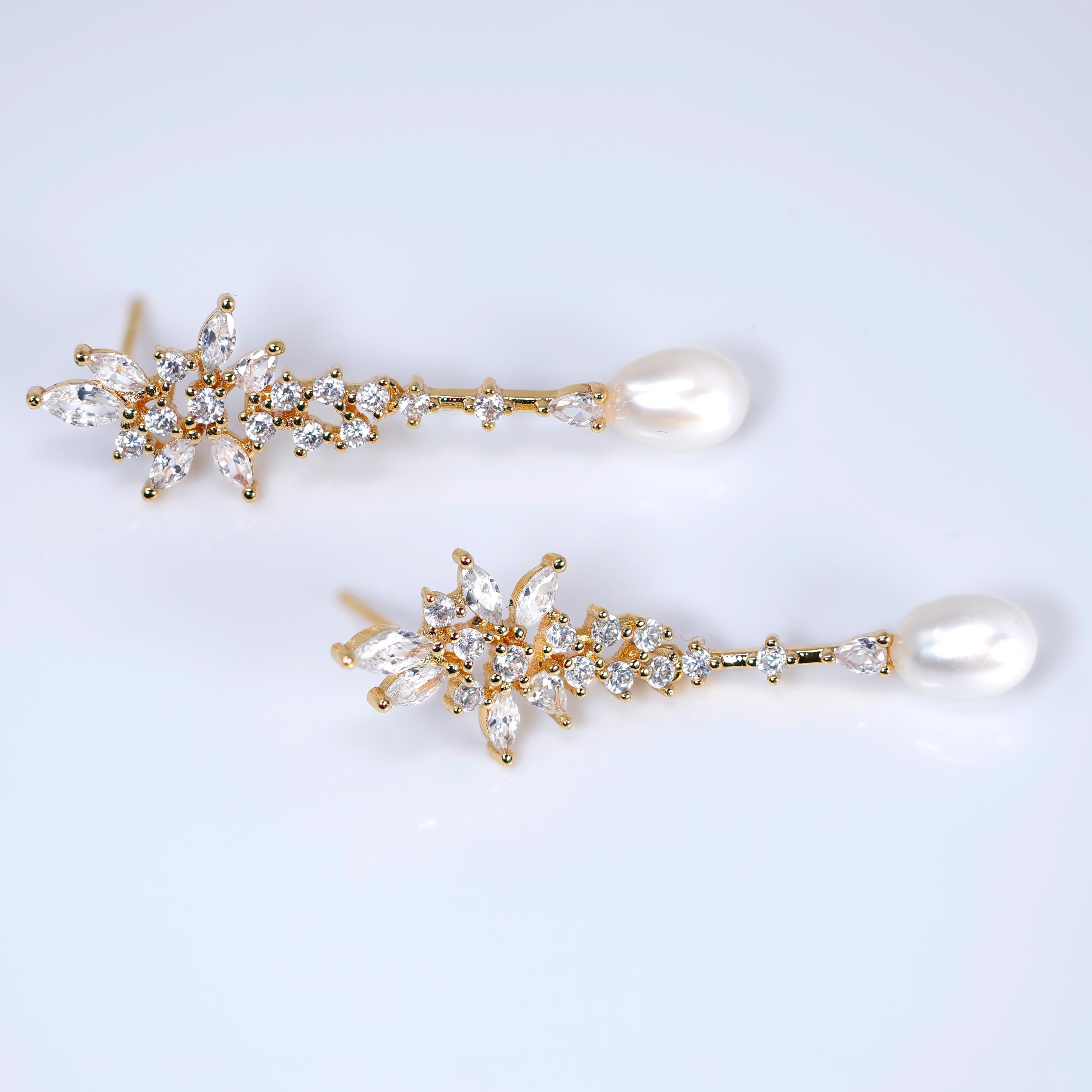 Swarovski Crystal Leaves And Faux Pearl Necklace Set, Long Bridal Earrings And Necklace, Statement Earrings Cz