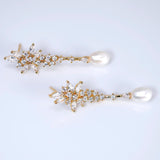Swarovski Crystal Leaves And Faux Pearl Necklace Set, Long Bridal Earrings And Necklace, Statement Earrings Cz