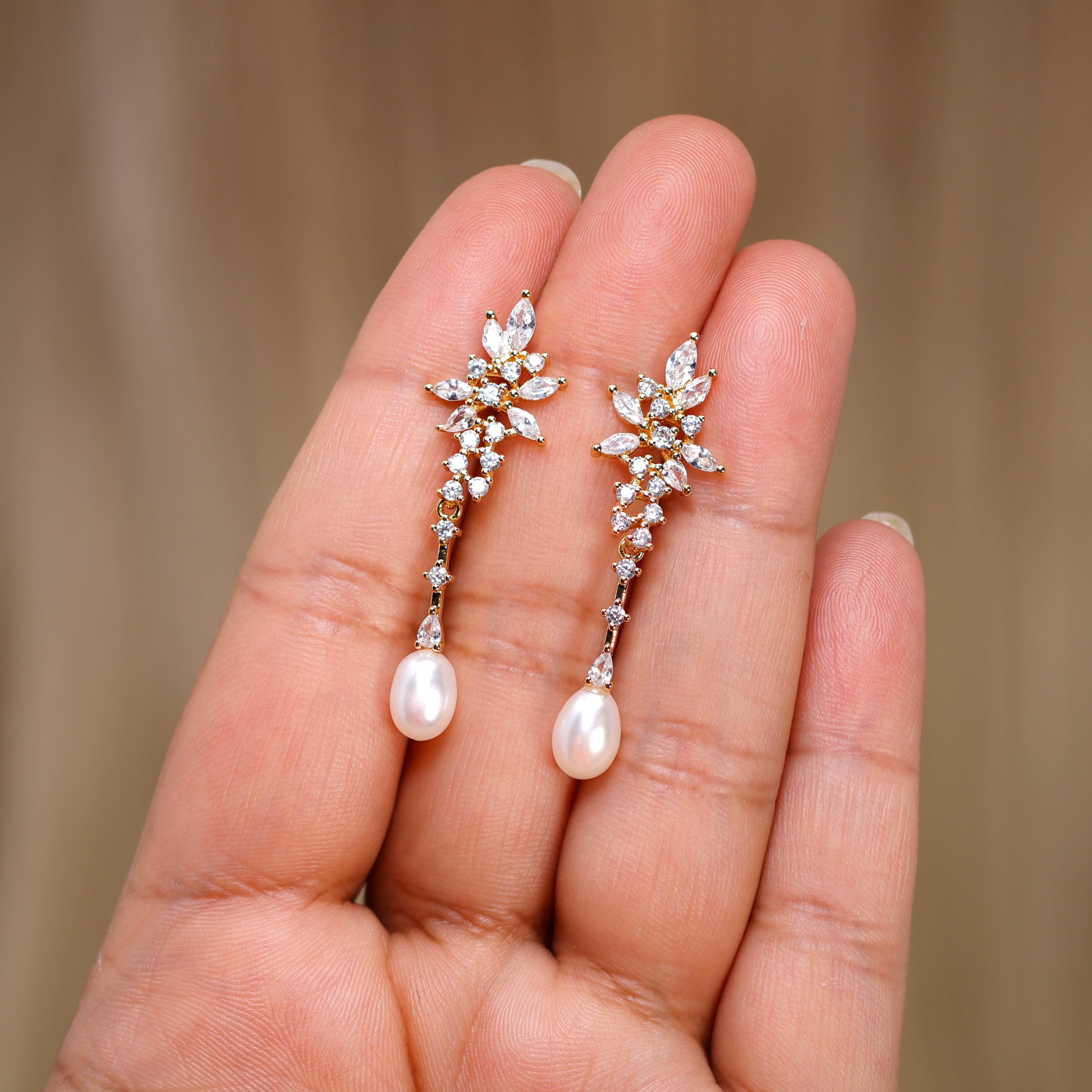 Swarovski Crystal Leaves And Faux Pearl Necklace Set, Long Bridal Earrings And Necklace, Statement Earrings Cz
