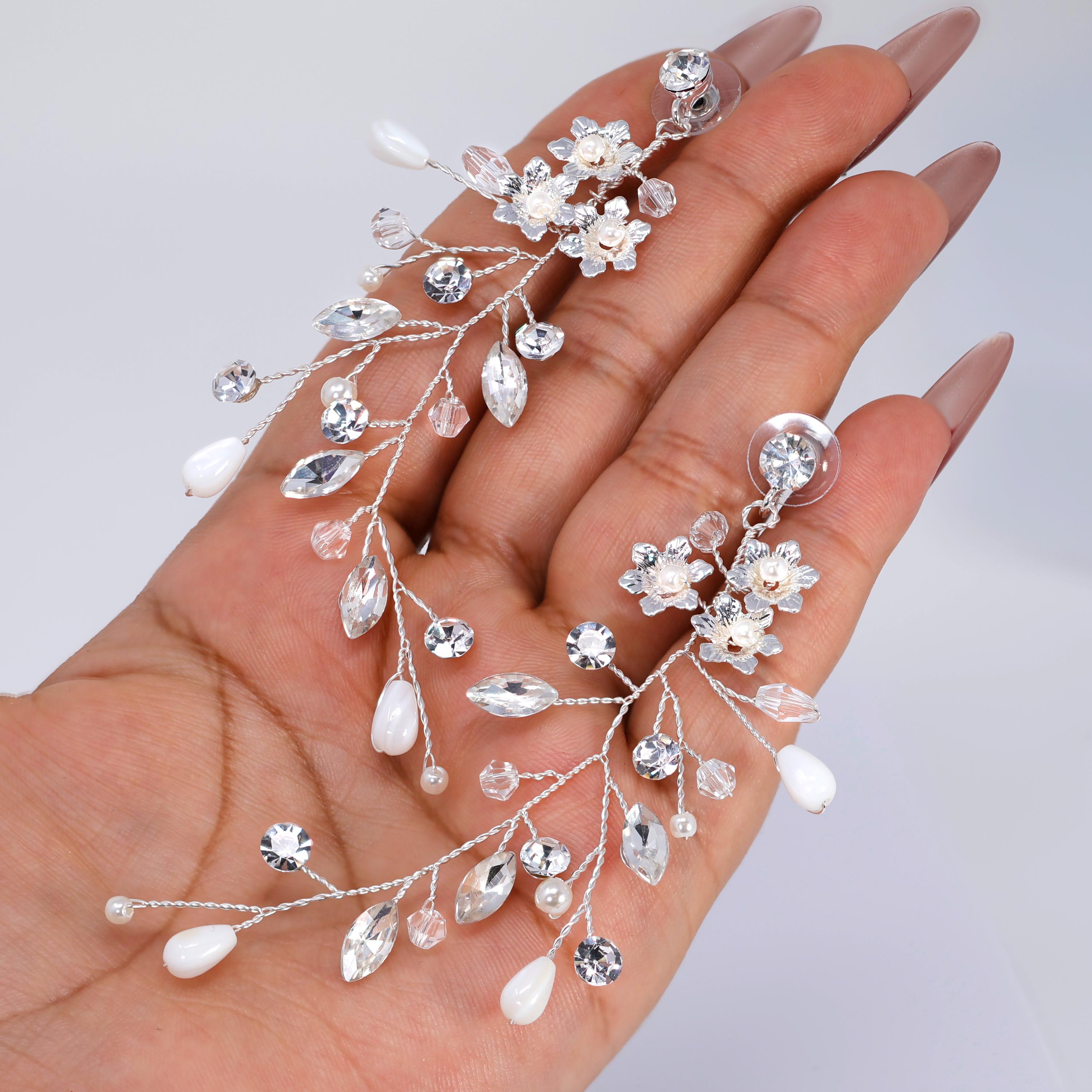 Swarovski Crystals Fleur de Lune Crystal Drops Bridal Earrings, Long Bridal Jewelry Bridal Earrings Clip On Earrings, Statement Earrings.
