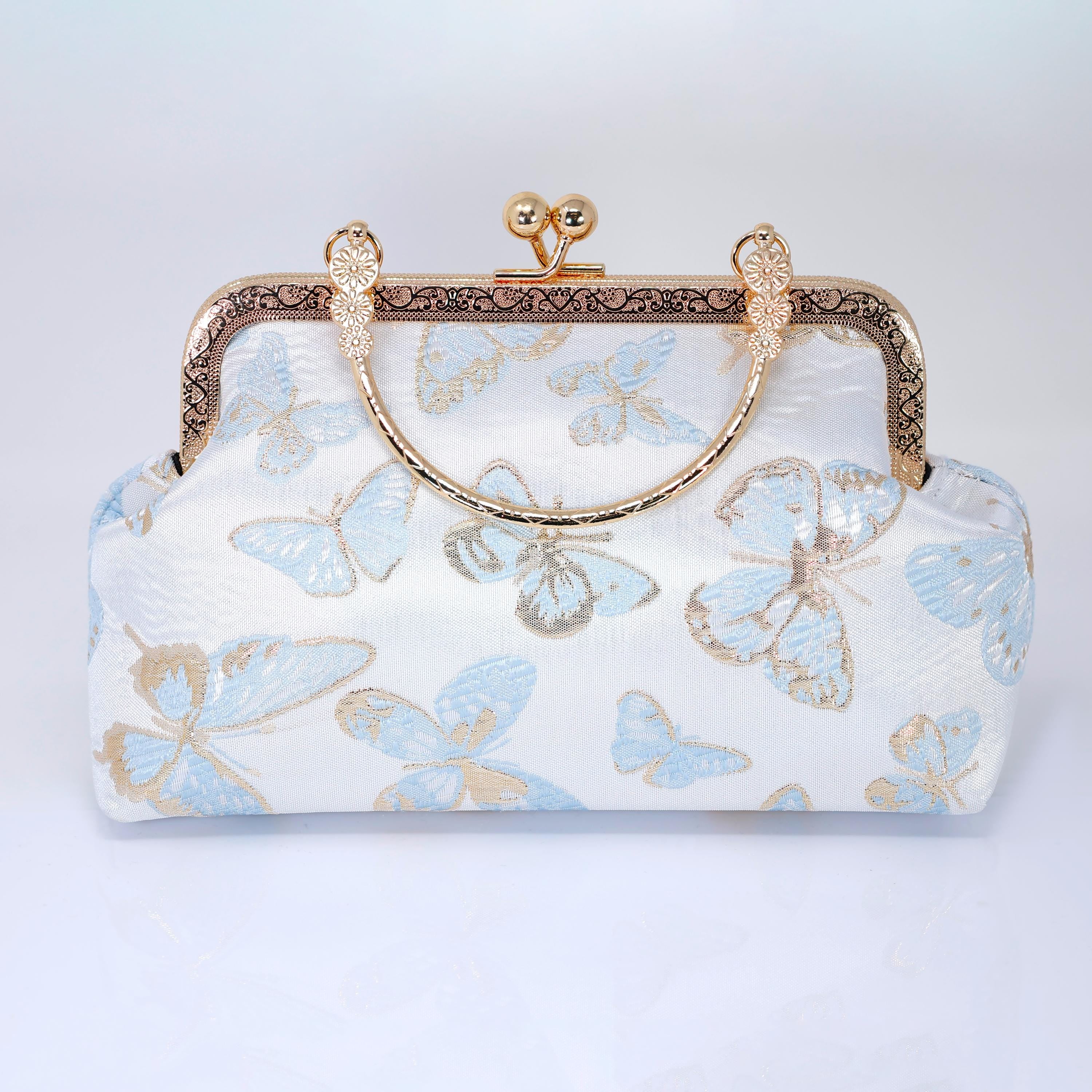 Shimmering Gold Butterflies In The Sky Bridal Wedding Bag, Statement Evening Wedding Clutch, Cross Body Bag
