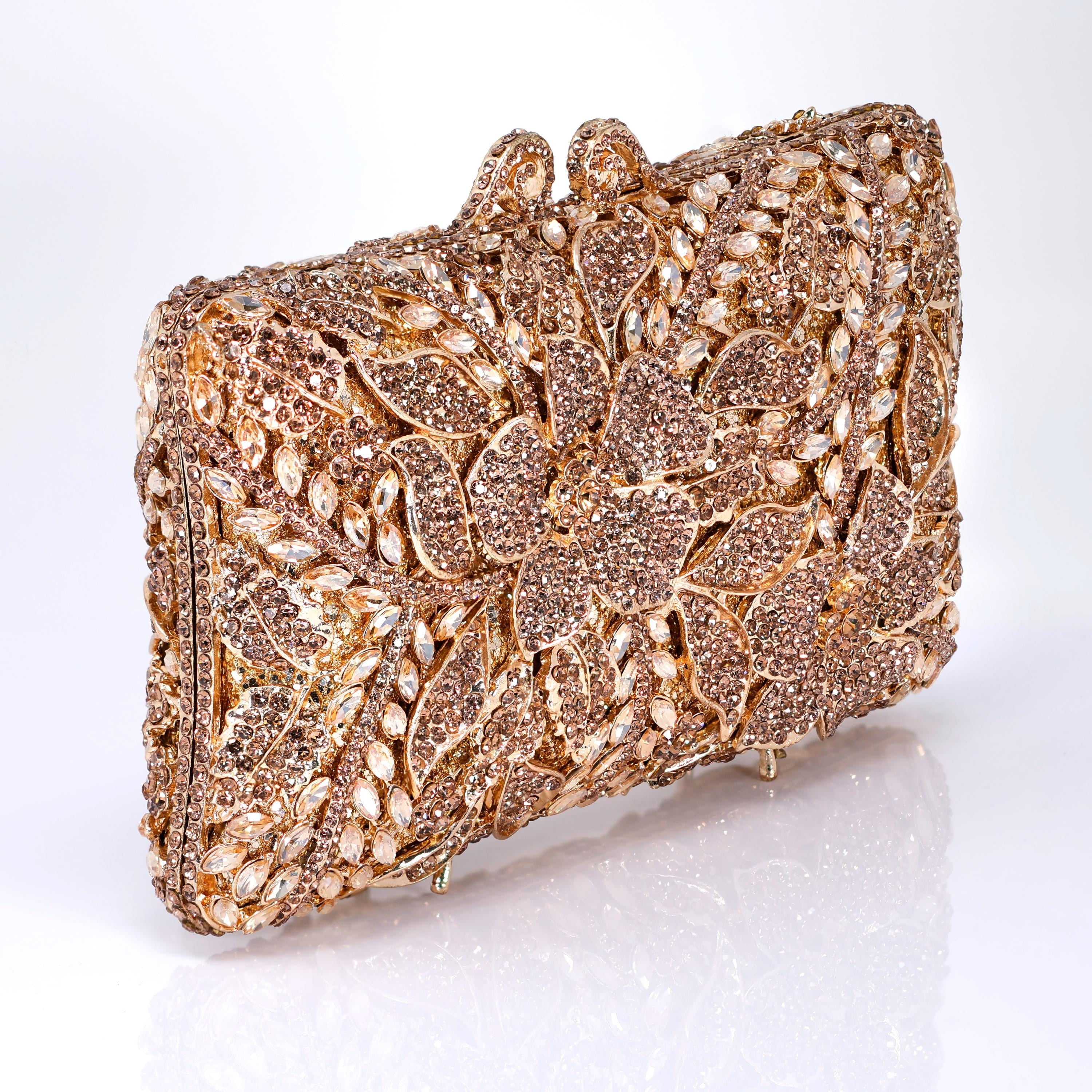 Shinny Golden Bronze Rhinestone Embellished Floral Garden Wedding Clutch, Statement Bag, Evening Wedding Clutch, Cross Body Bag