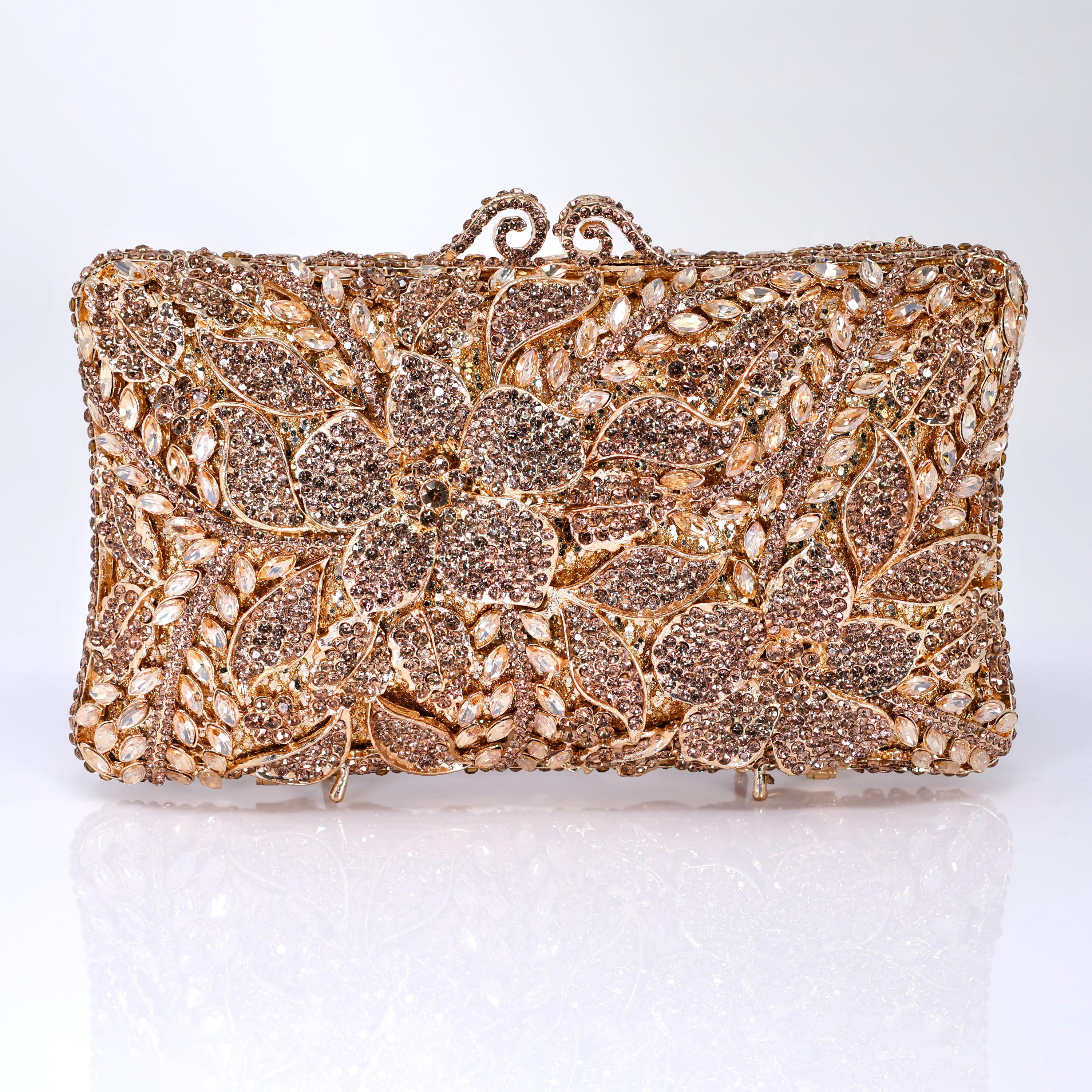 Shinny Golden Bronze Rhinestone Embellished Floral Garden Wedding Clutch, Statement Bag, Evening Wedding Clutch, Cross Body Bag