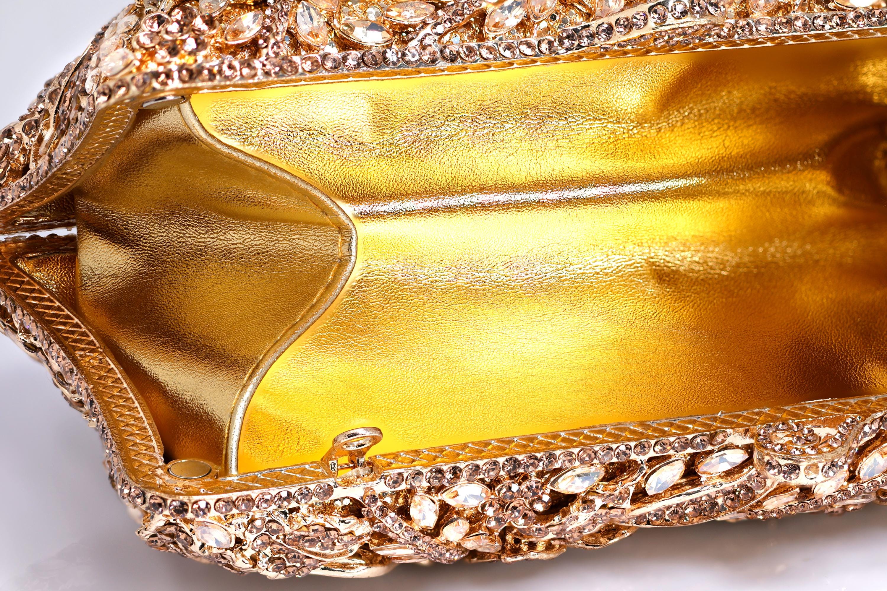 Shinny Golden Bronze Rhinestone Embellished Floral Garden Wedding Clutch, Statement Bag, Evening Wedding Clutch, Cross Body Bag