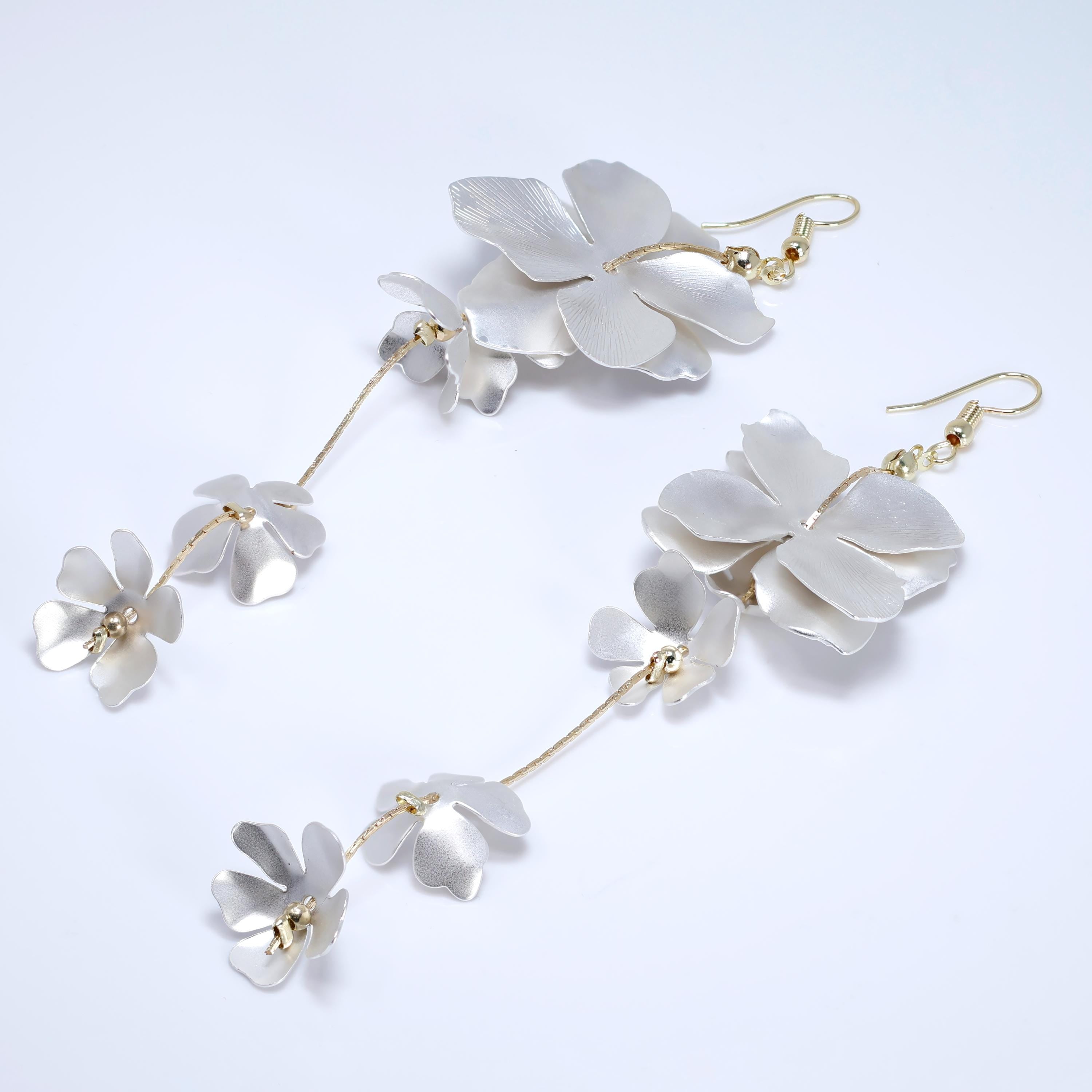 Gold Silver Two Tone Metallic Petal Rain Statement Earrings, Long Bridal Jewelry Bridal Earrings Clip On Earrings, Statement Earrings.
