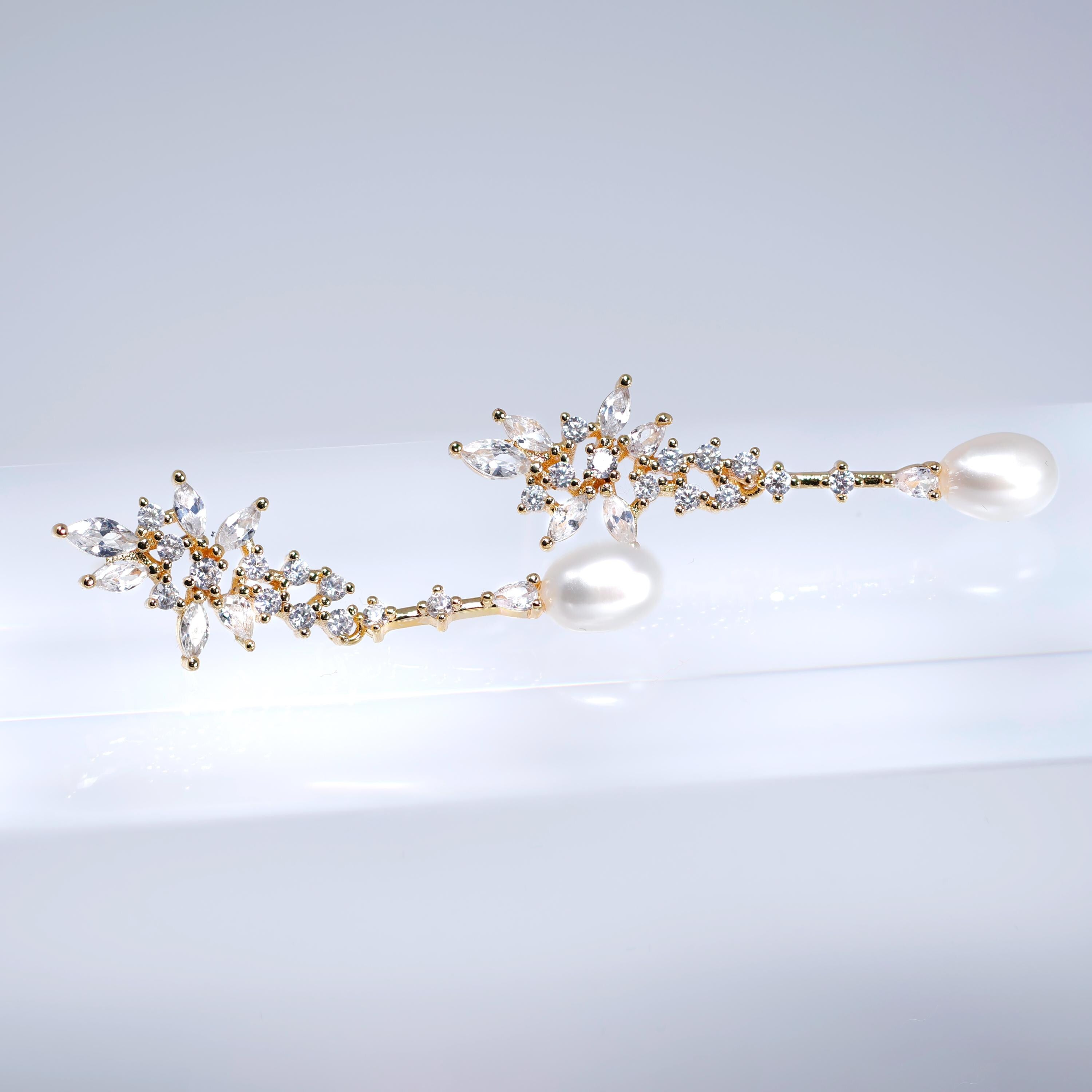 Swarovski Crystal Leaves And Faux Pearl Necklace Set, Long Bridal Earrings And Necklace, Statement Earrings Cz