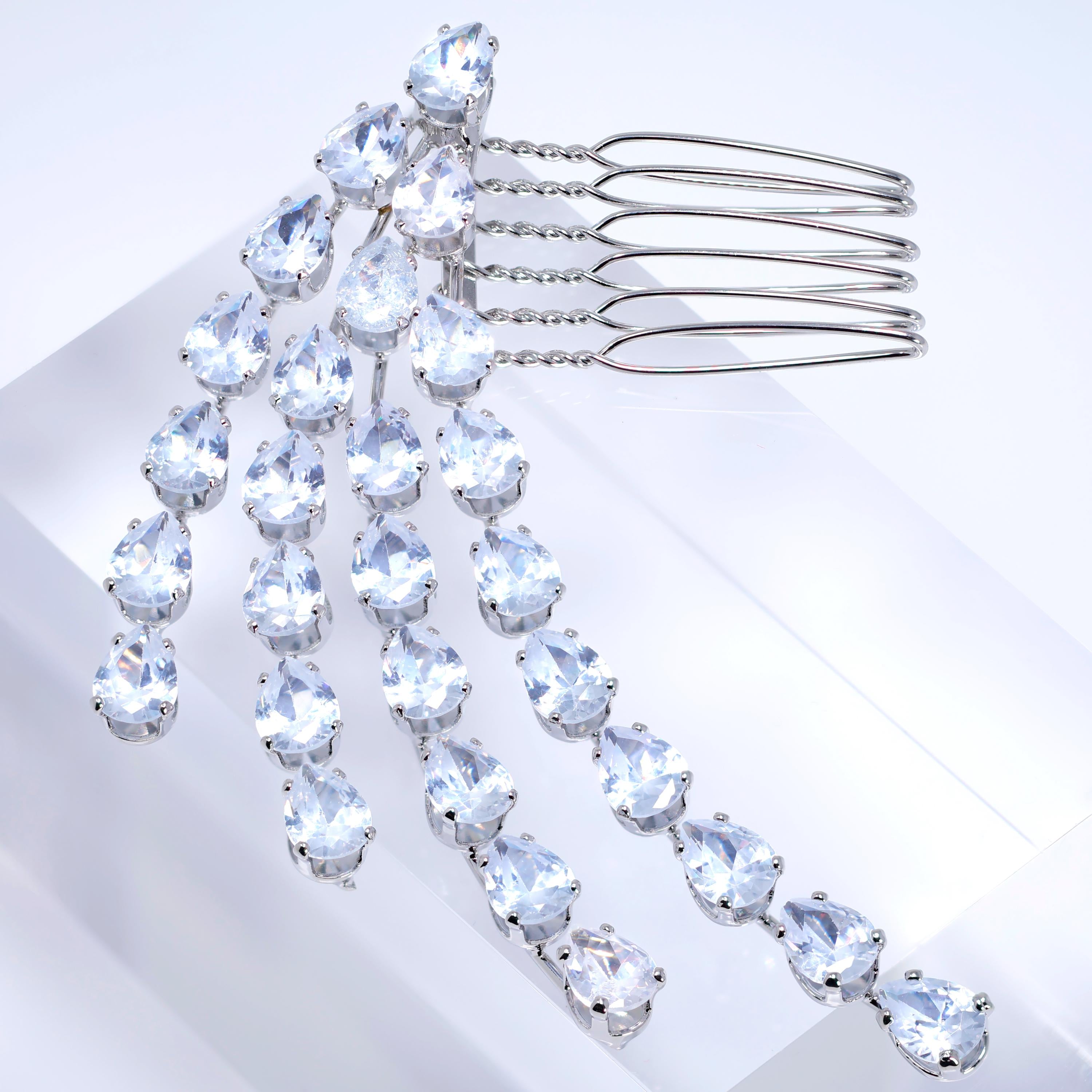 Silver Shimmering Droplets Bridal Hair Comb: Cubic Zirconia Wedding Accessory