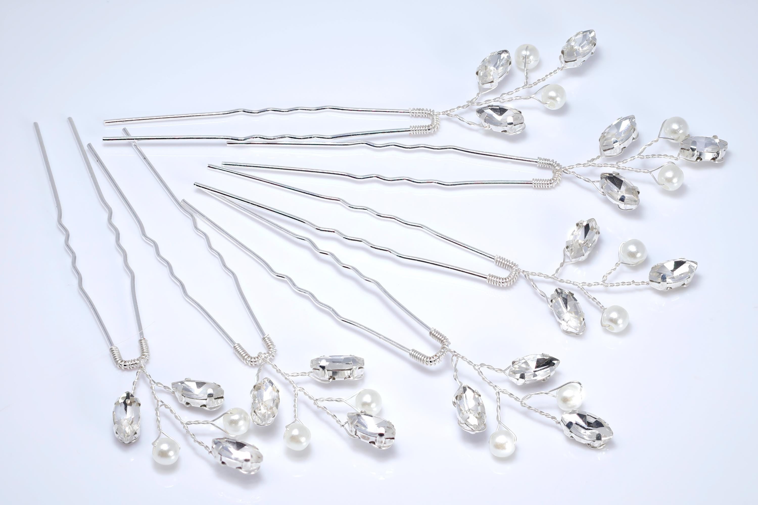 Set of 6 Hair Pins With Shimmering Leaves And Pearls , Swarovski Hair pins Set, Bridal Hair Accessories, Pearl hair pins, Gift For Her