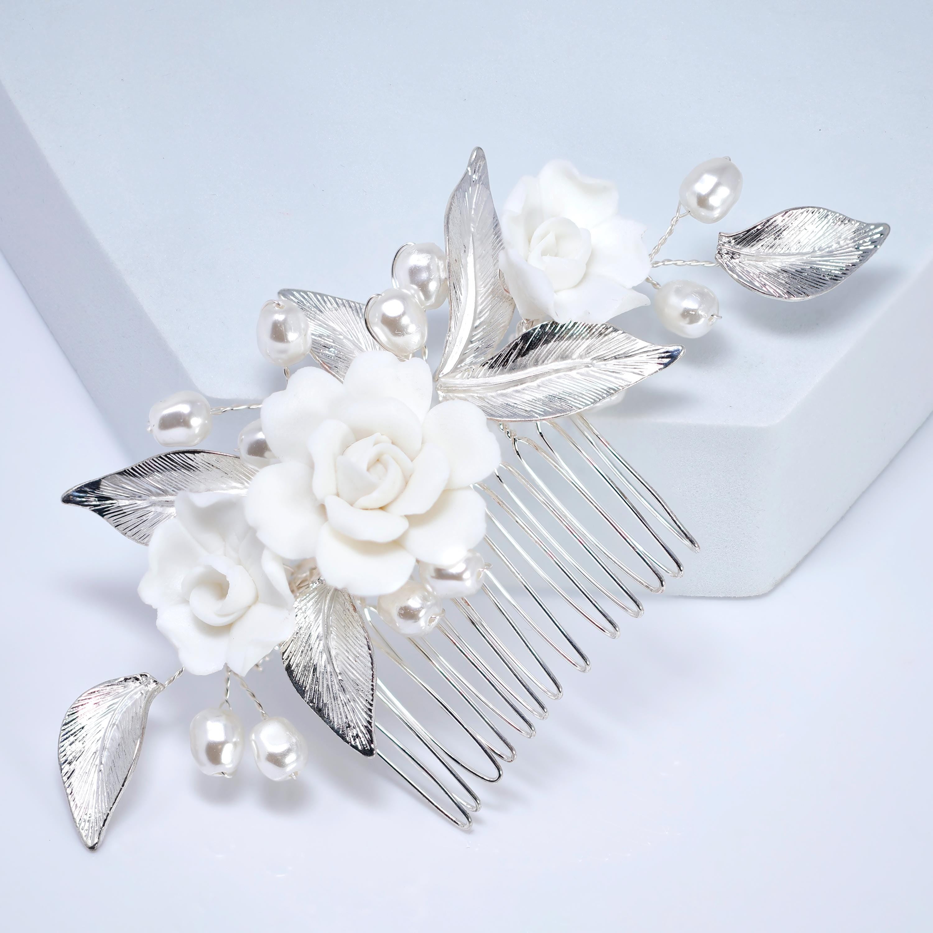 Ceramic White Rose flower And Buds Faux Pearl Hair comb, Bridal Hair piece, Bridal Hair Accessories, Wedding Hair Accessory.