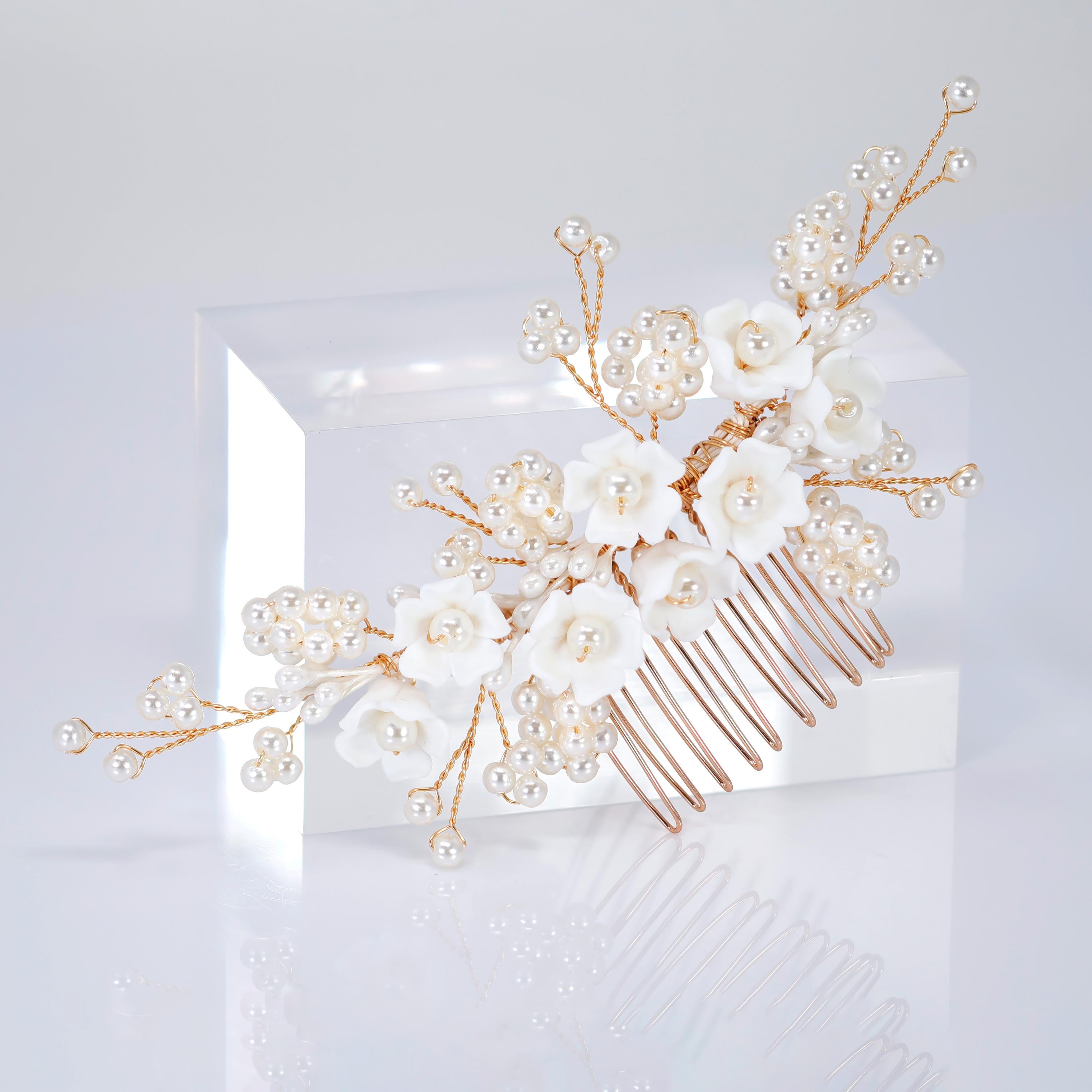 Ceramic White flower In Faux Pearly Garden Hair comb, Bridal Hair piece, Bridal Hair Accessories, Wedding Hair Accessory.