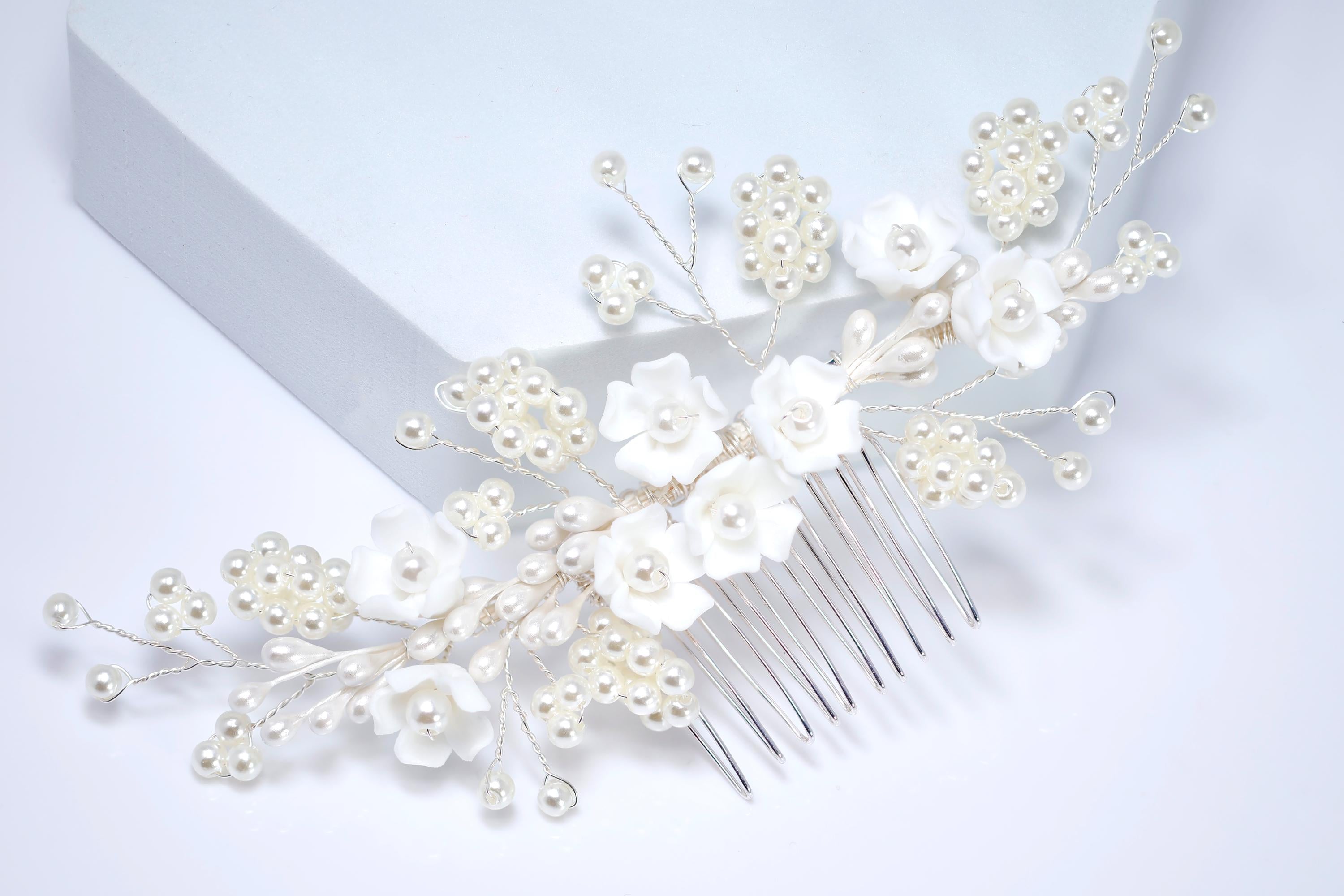 Ceramic White flower In Faux Pearly Garden Hair comb, Bridal Hair piece, Bridal Hair Accessories, Wedding Hair Accessory.