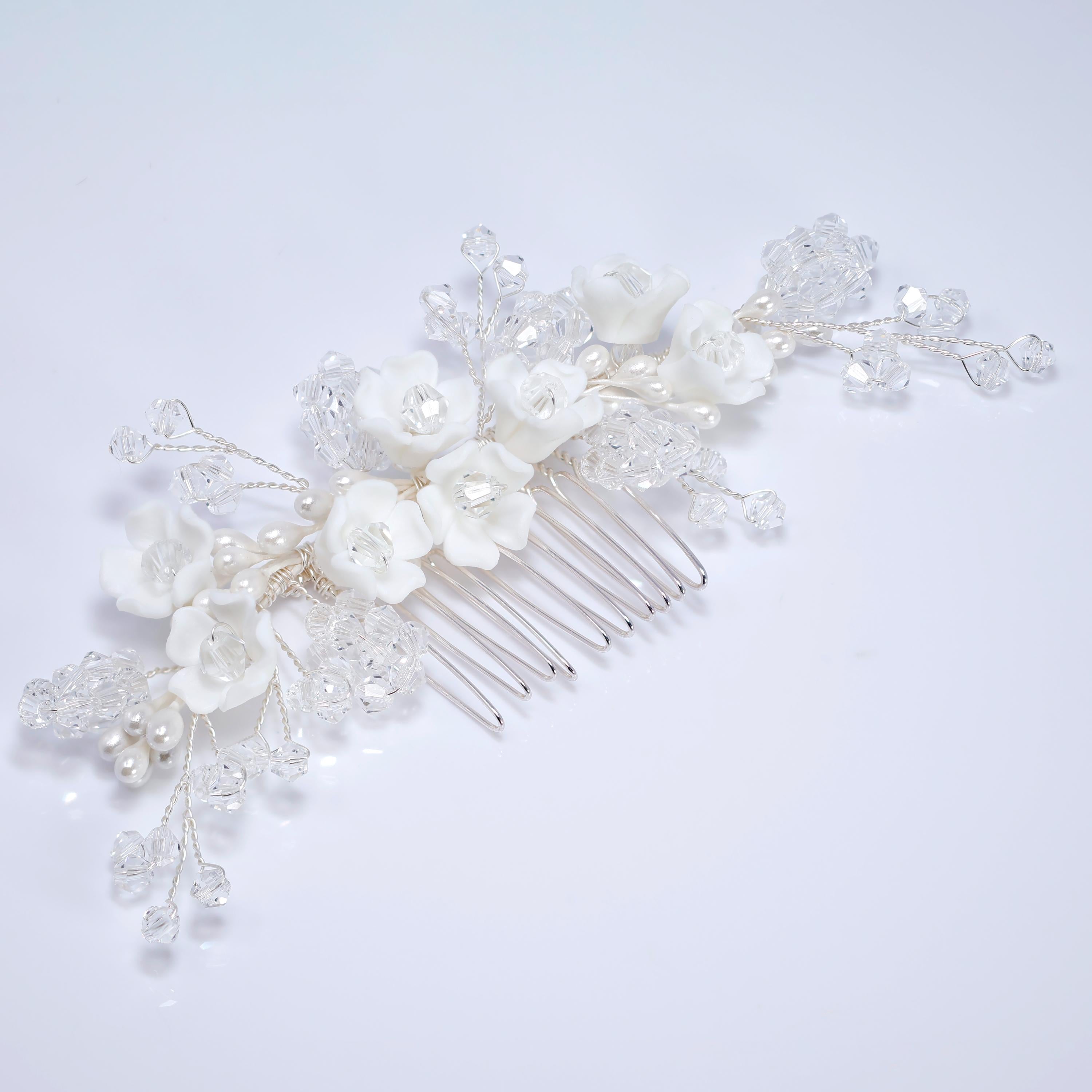 Ceramic White flower In Crystal's Shimmering Garden Hair comb, Bridal Hair piece, Bridal Hair Accessories, Wedding Hair Accessory.