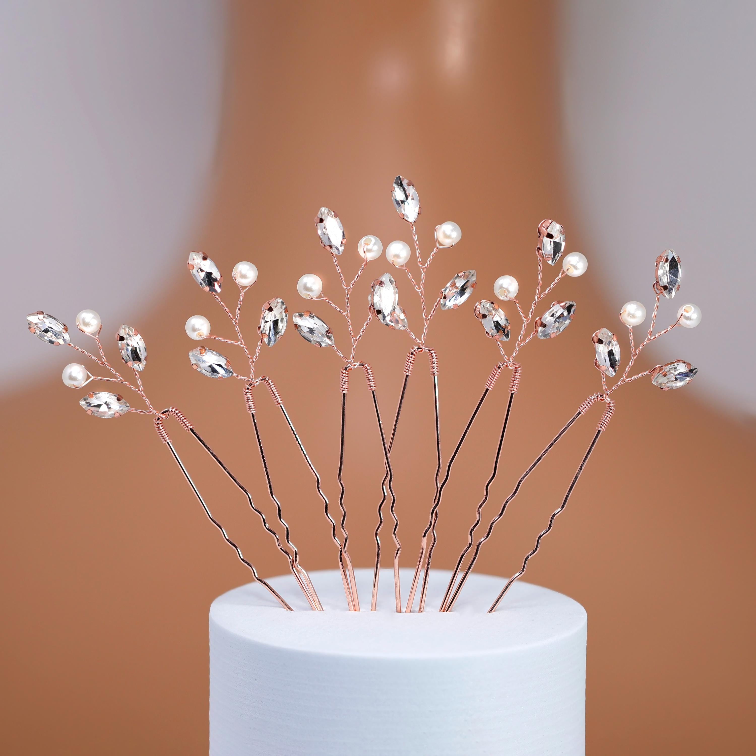 Set of 6 Hair Pins With Shimmering Leaves And Pearls , Swarovski Hair pins Set, Bridal Hair Accessories, Pearl hair pins, Gift For Her