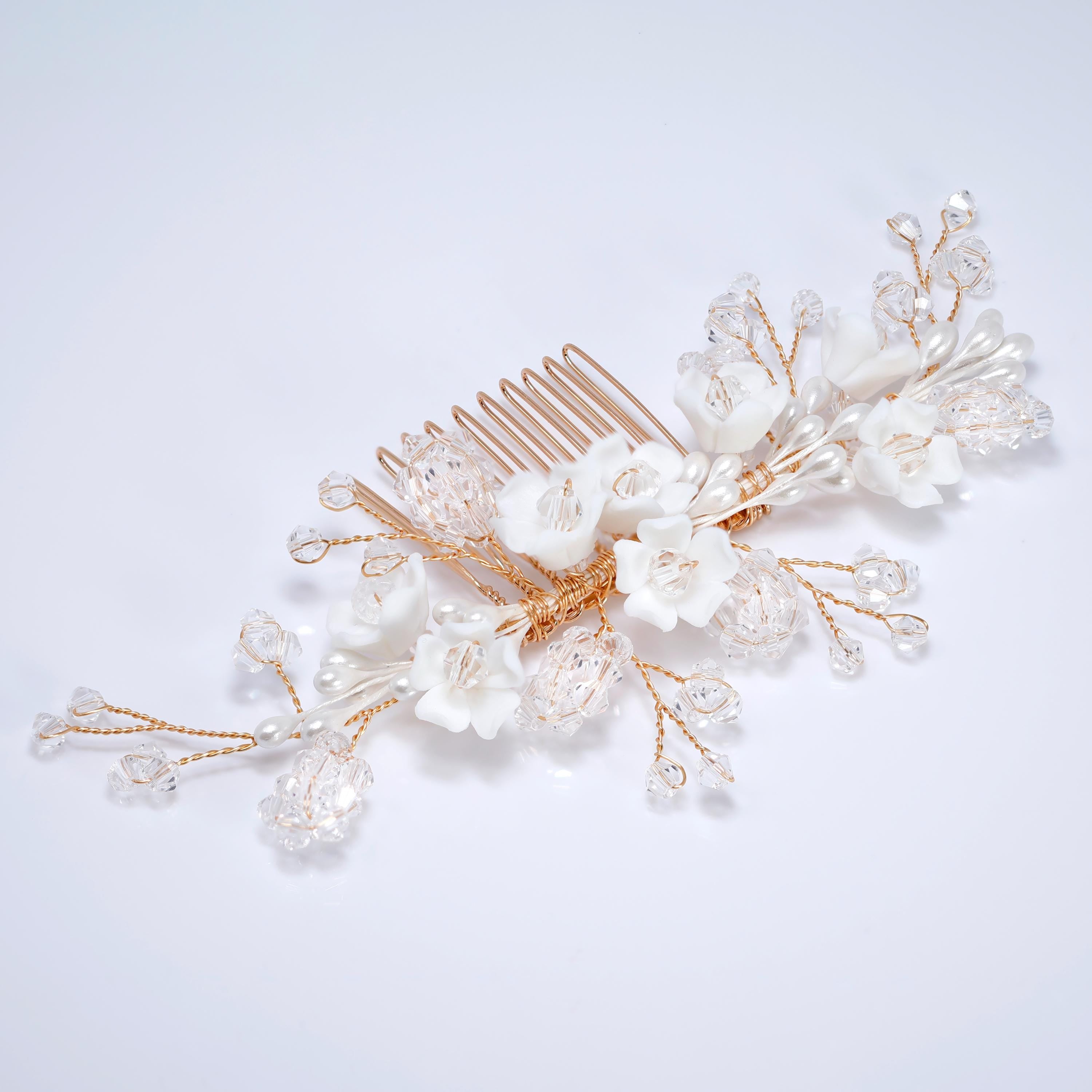 Ceramic White flower In Crystal's Shimmering Garden Hair comb, Bridal Hair piece, Bridal Hair Accessories, Wedding Hair Accessory.