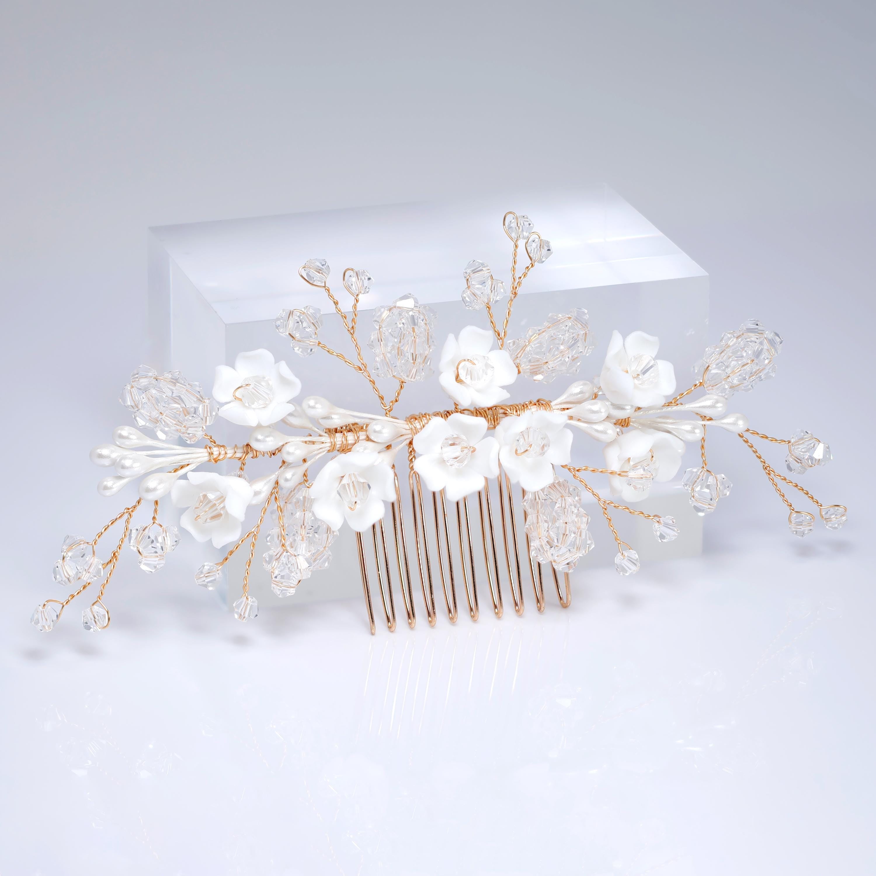 Ceramic White flower In Crystal's Shimmering Garden Hair comb, Bridal Hair piece, Bridal Hair Accessories, Wedding Hair Accessory.