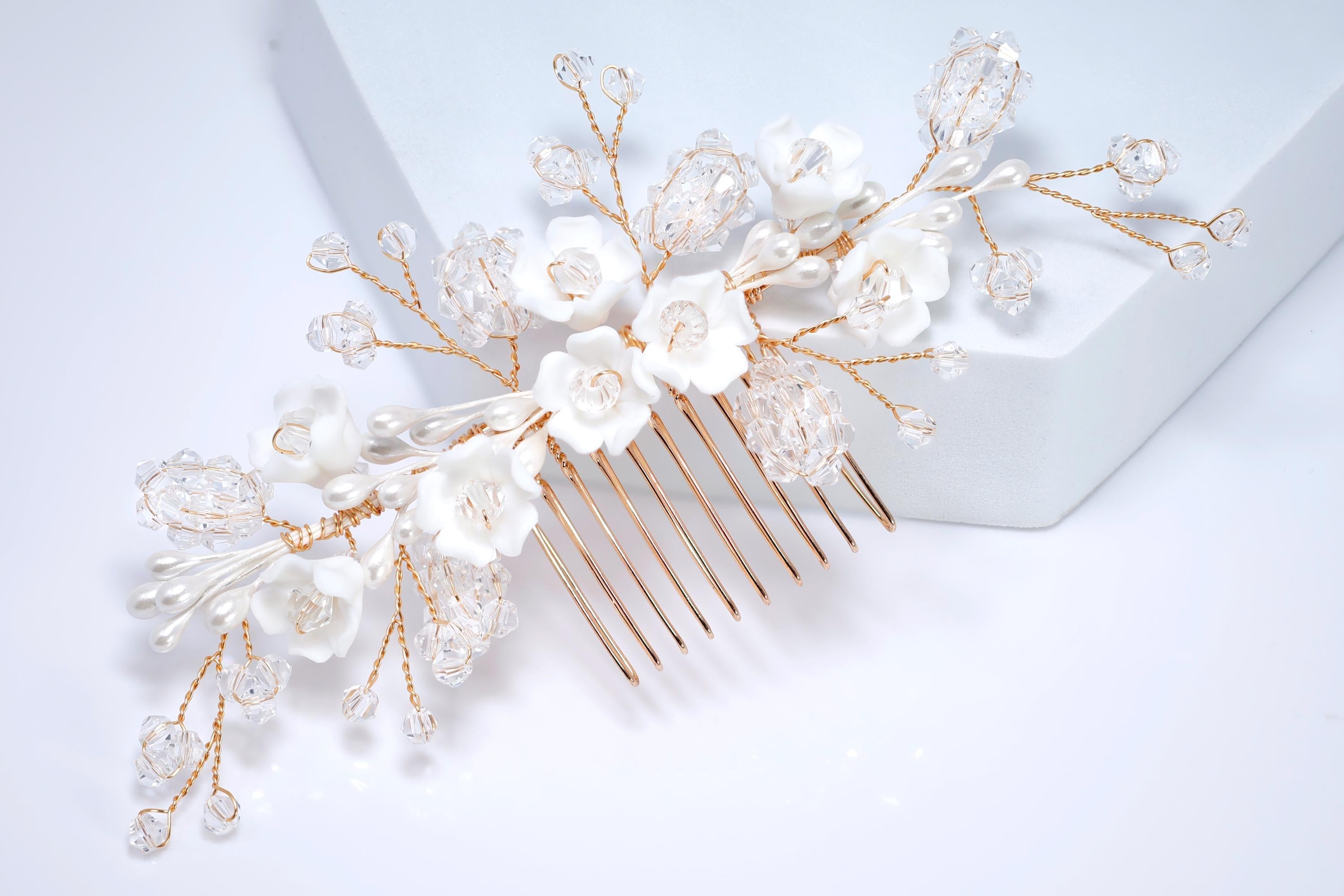 Ceramic White flower In Crystal's Shimmering Garden Hair comb, Bridal Hair piece, Bridal Hair Accessories, Wedding Hair Accessory.