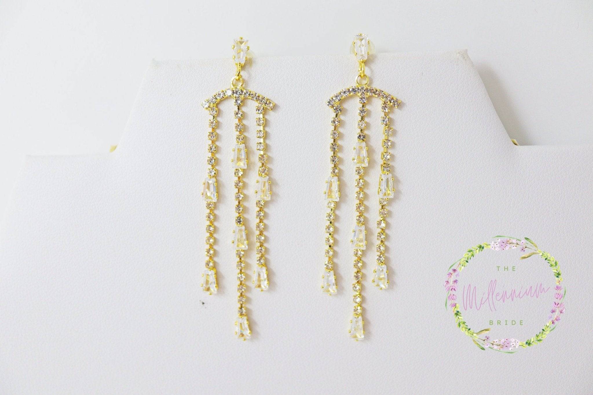 14K Real Gold Tessel Cubic Zirconia, Crystal, Diamond Bridal Earrings, Statement Earrings, Drop Earrings, Bridal Jewelry.