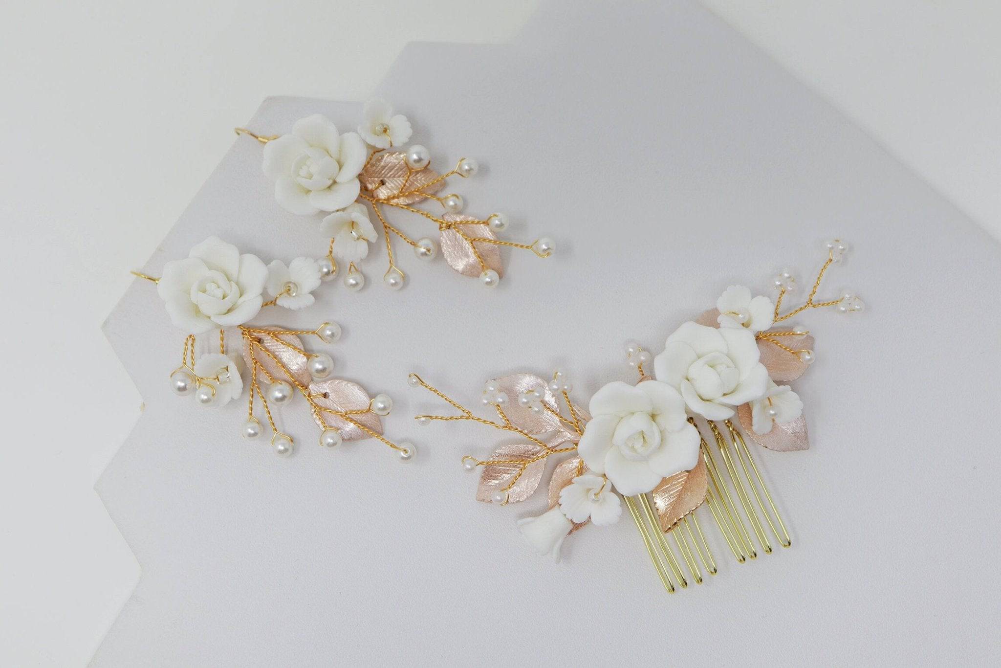 Baroque Style Ceramic White flower Bridal Earring & Hair piece, Bridal Hair Accessories, Wedding Hair Accessory.