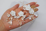Baroque Style Ceramic White flower Bridal Earring & Hair piece, Bridal Hair Accessories, Wedding Hair Accessory.