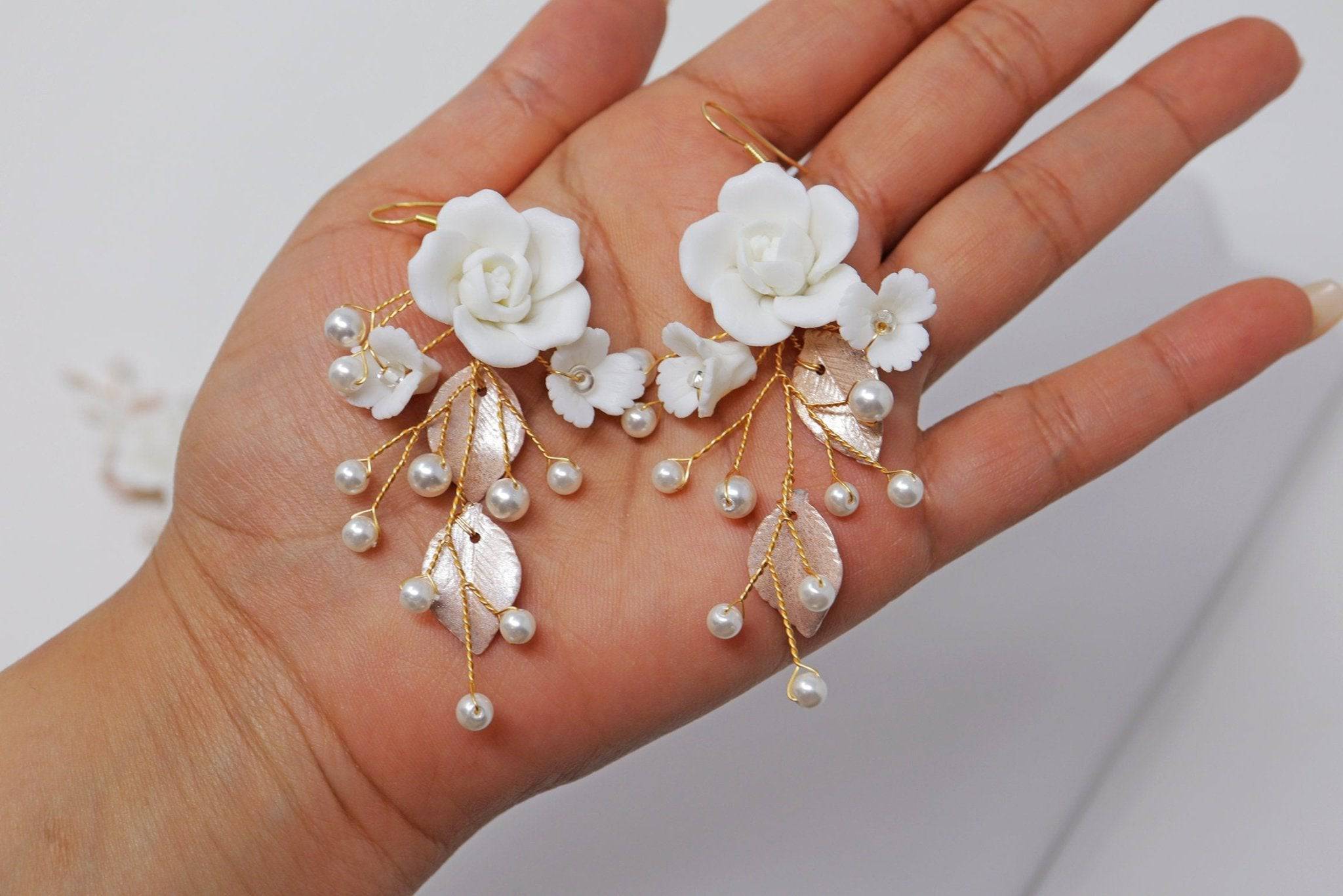 Baroque Style Ceramic White flower Bridal Earring & Hair piece, Bridal Hair Accessories, Wedding Hair Accessory.