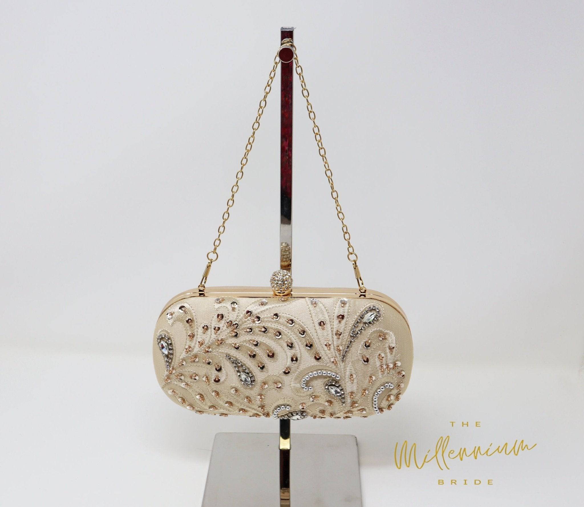 Beige Crystal Leaves and Beads Embroidered Wedding Clutch, Statement Bag, Evening Clutch, Wedding Clutch, Bridal Bag, Beige Cross Body Bag