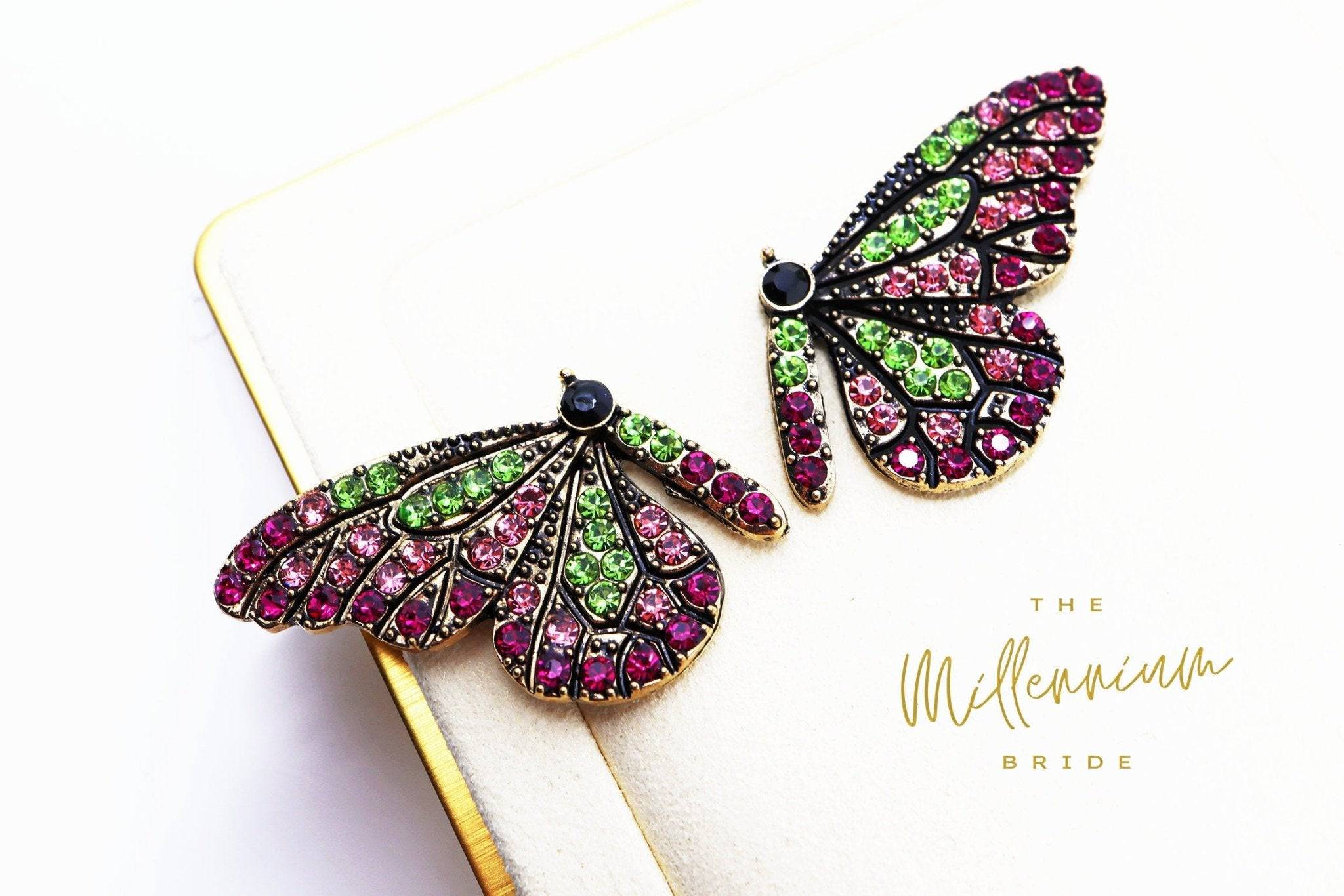 Butterfly Crystal Rhinestones Earrings, Stud Earrings, Statement Earrings, Bridesmaid Earrings, Colorful Butterfly Gold Earrings.