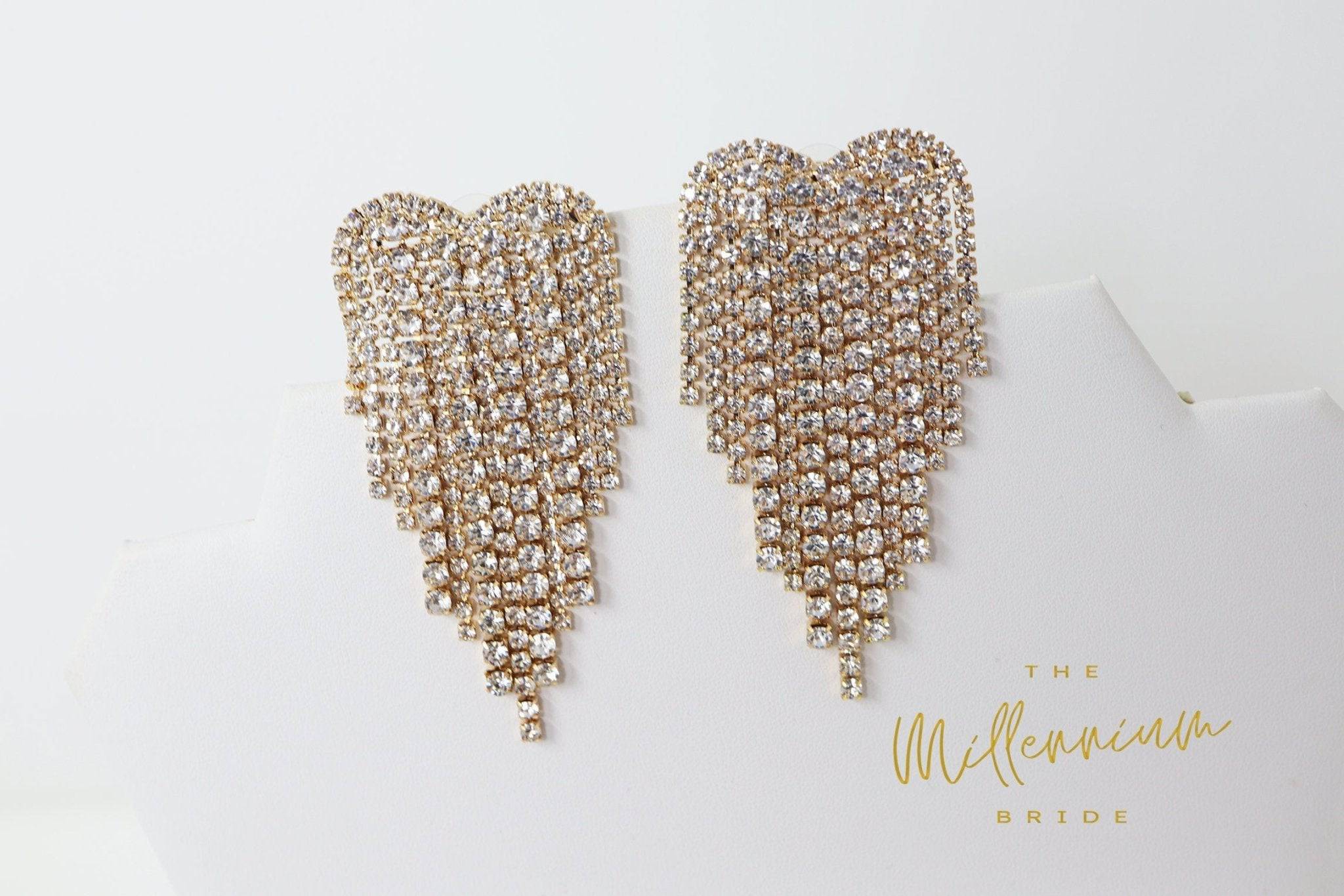 Crystal Chandelier Gold Heart earrings, Long Tessal Bridal Jewelry Bridal Earrings Crystal Bridal Earrings Statement earrings Cz