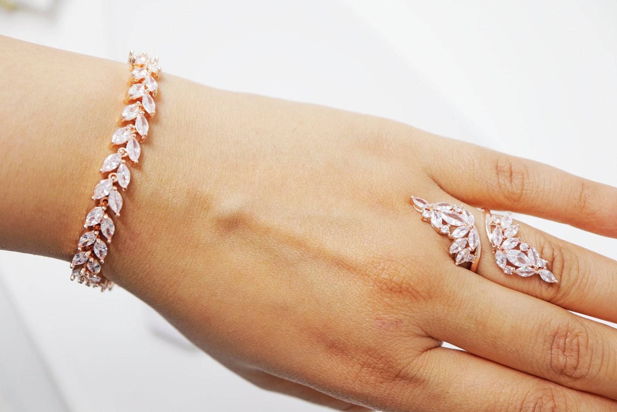 Crystal, Diamond Wine Leaves Wedding Bracelet, Bridal Bracelet, cz Bracelet, Cubic Zirconia Bracelet, Bridal jewelry, Wedding Accessories