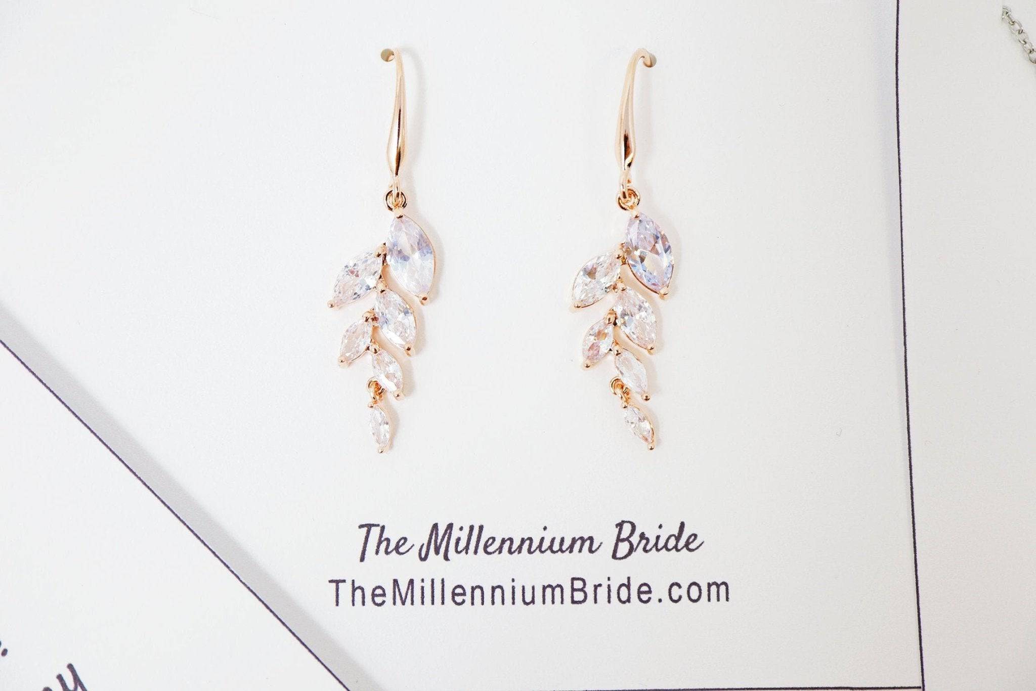 Cubic Zirconia Diamond/ Crystal Leaves, Long Bridal Jewelry, Bridal Earrings And Necklace, Crystal Bridal Earrings, Statement Earrings Cz