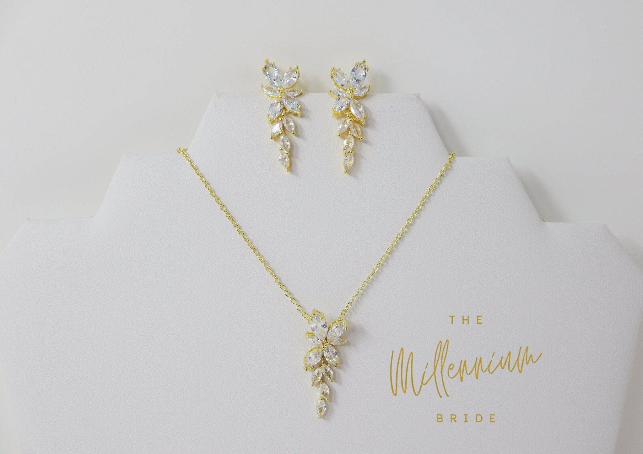 Cubic Zirconia Diamond/ Crystal Leaves, Long Bridal Jewelry, Bridal Earrings And Necklace, Crystal Bridal Earrings, Statement Earrings Cz