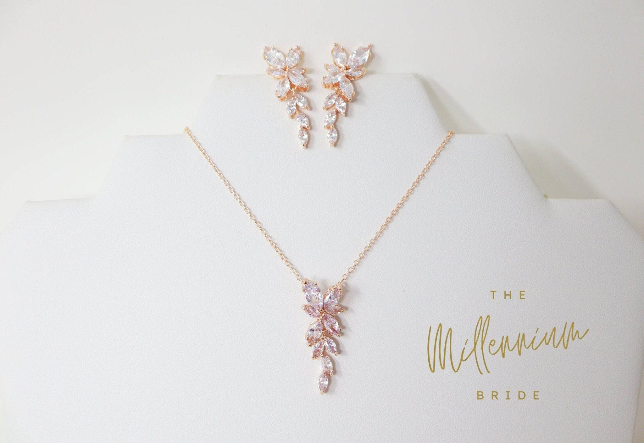 Cubic Zirconia Diamond/ Crystal Leaves, Long Bridal Jewelry, Bridal Earrings And Necklace, Crystal Bridal Earrings, Statement Earrings Cz