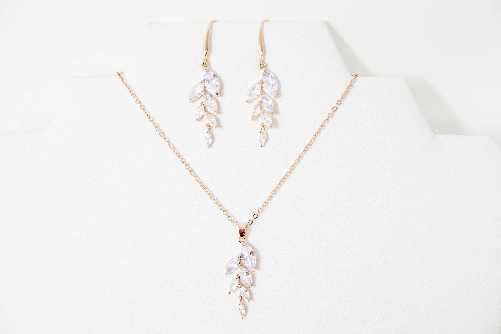 Cubic Zirconia Diamond/ Crystal Leaves, Long Bridal Jewelry, Bridal Earrings And Necklace, Crystal Bridal Earrings, Statement Earrings Cz