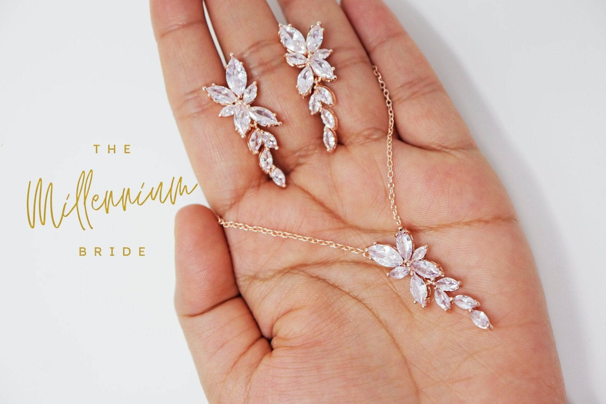 Cubic Zirconia Diamond/ Crystal Leaves, Long Bridal Jewelry, Bridal Earrings And Necklace, Crystal Bridal Earrings, Statement Earrings Cz
