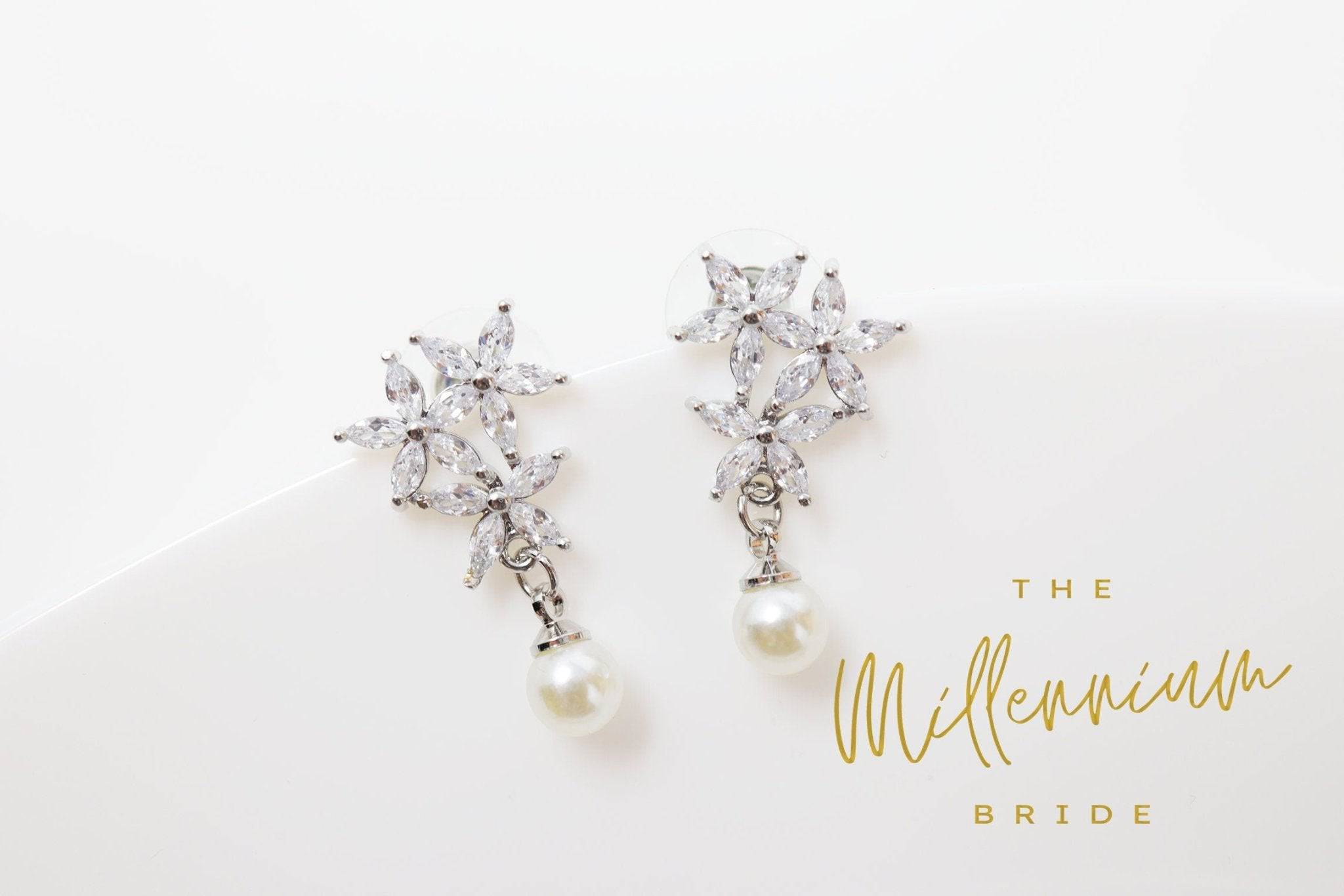 Cubic Zirconia Diamond Floral Pearl drop stud Earrings, Bridal Jewelry, Bridal Stud Earrings, Crystal Bridal Earrings, Statement Earrings Cz
